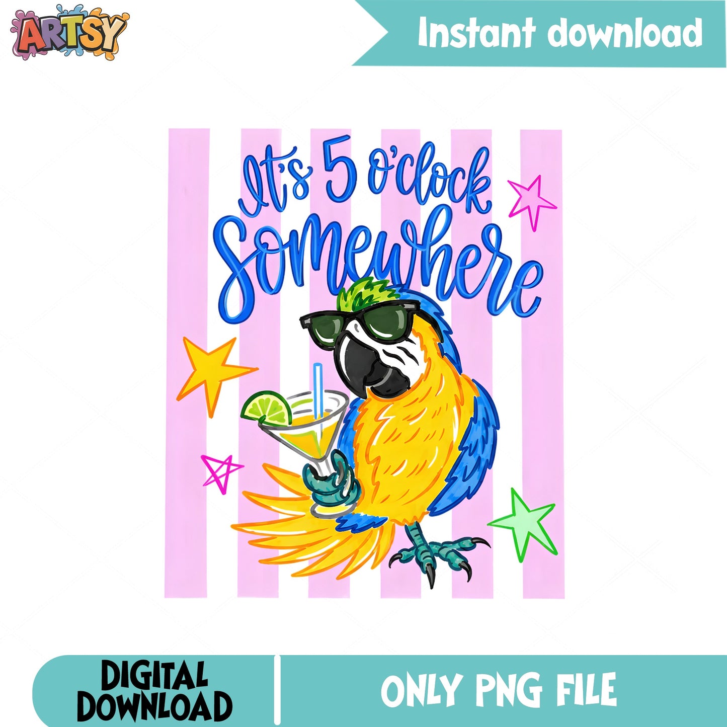 Its 5 Oclock Somewhere Parrot PNG, Funny Summer Drink PNG, Tropical Bird PNG