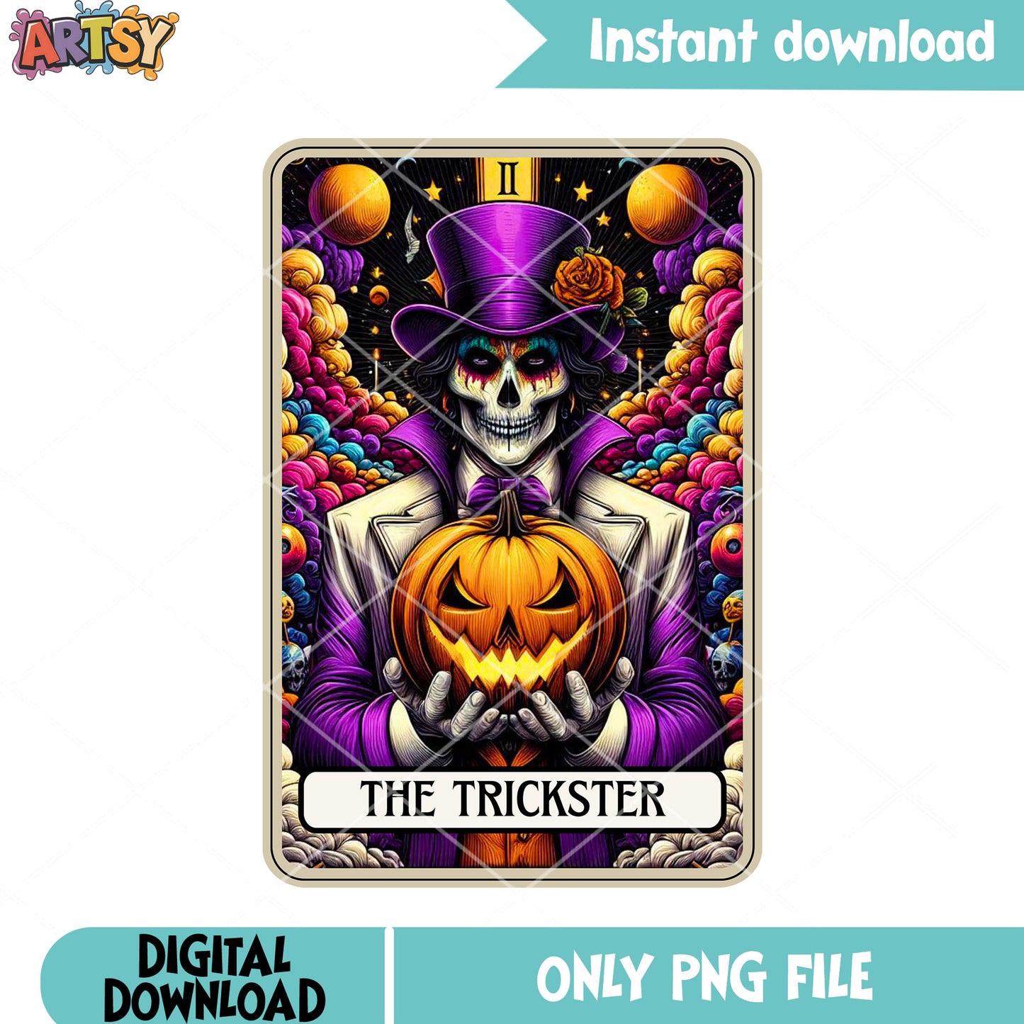 Jack o lantern purple suit png, mystic card png, halloween night png