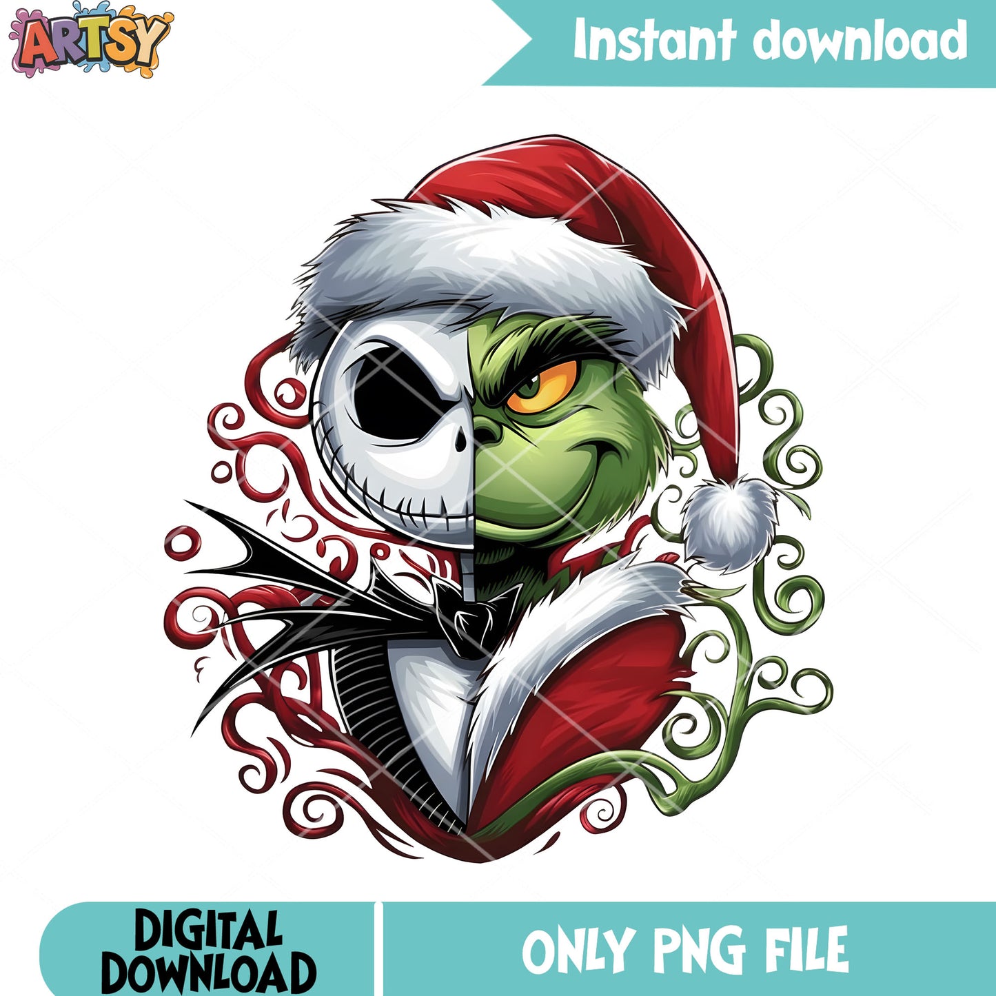 Jack skelington png, creepy Grinch png, santa claus hat png