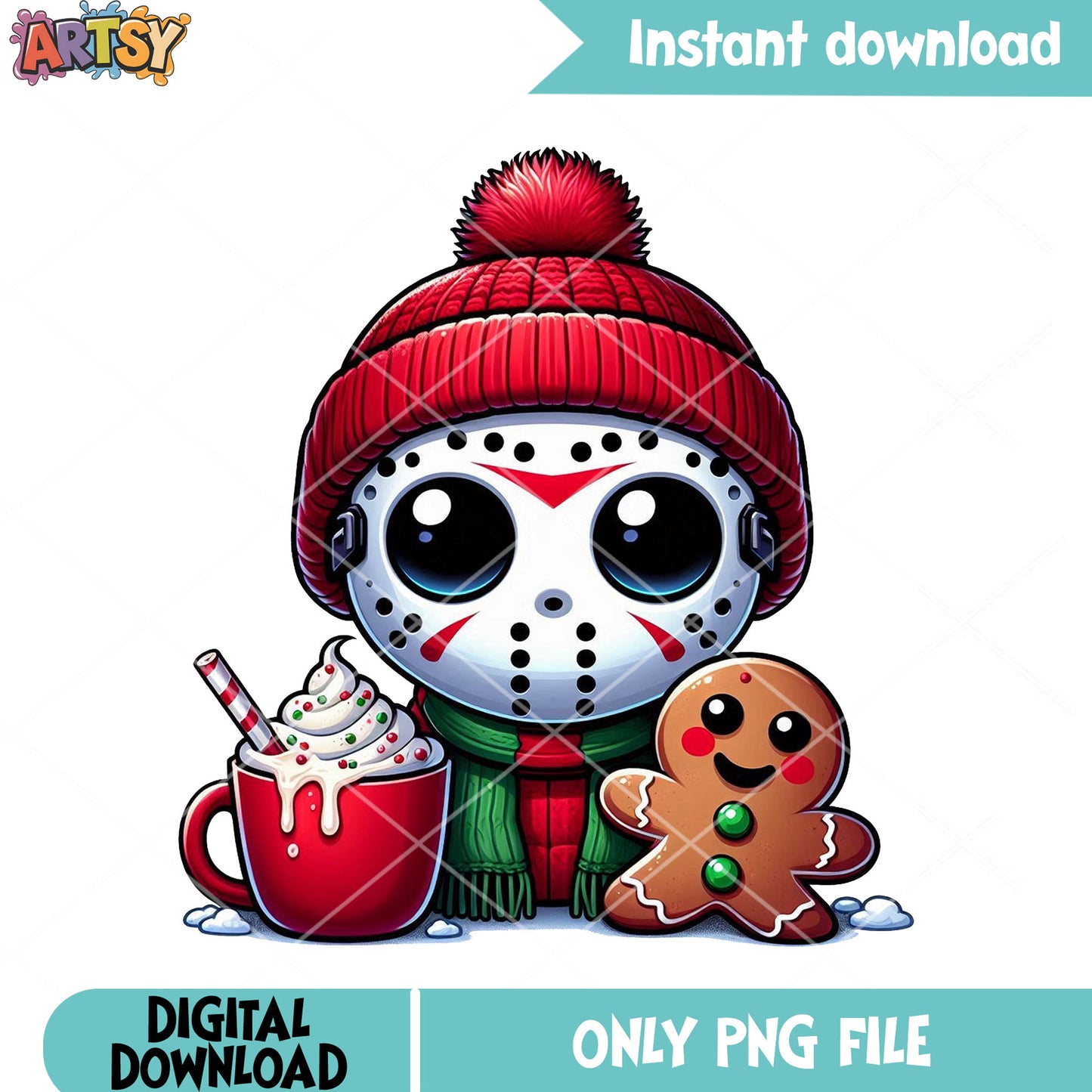 Jason hockey mask png, scarf gingerbread png, christmas jason png