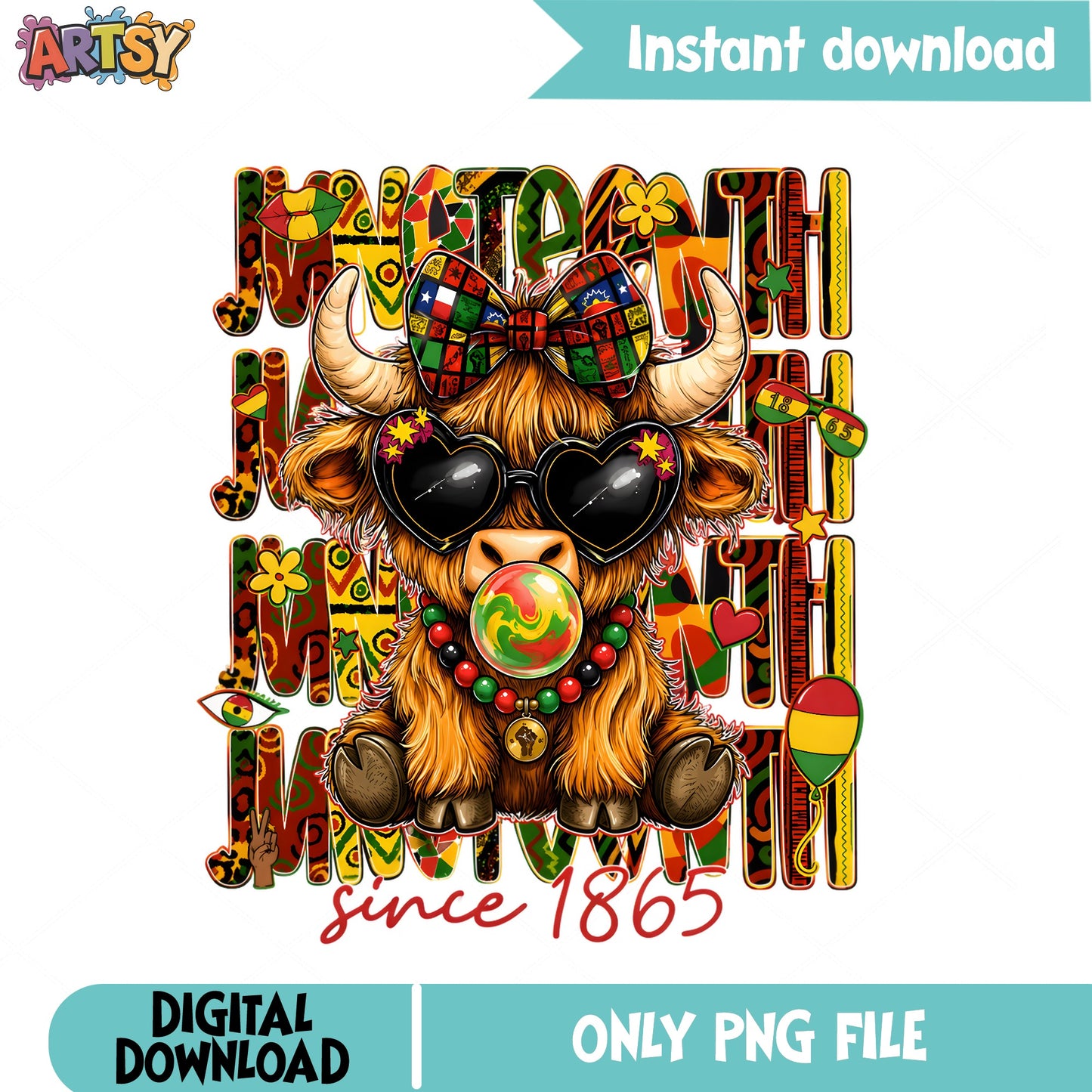 Juneteenth Highland Cow Since 1865 PNG, Juneteenth PNG, Black History PNG