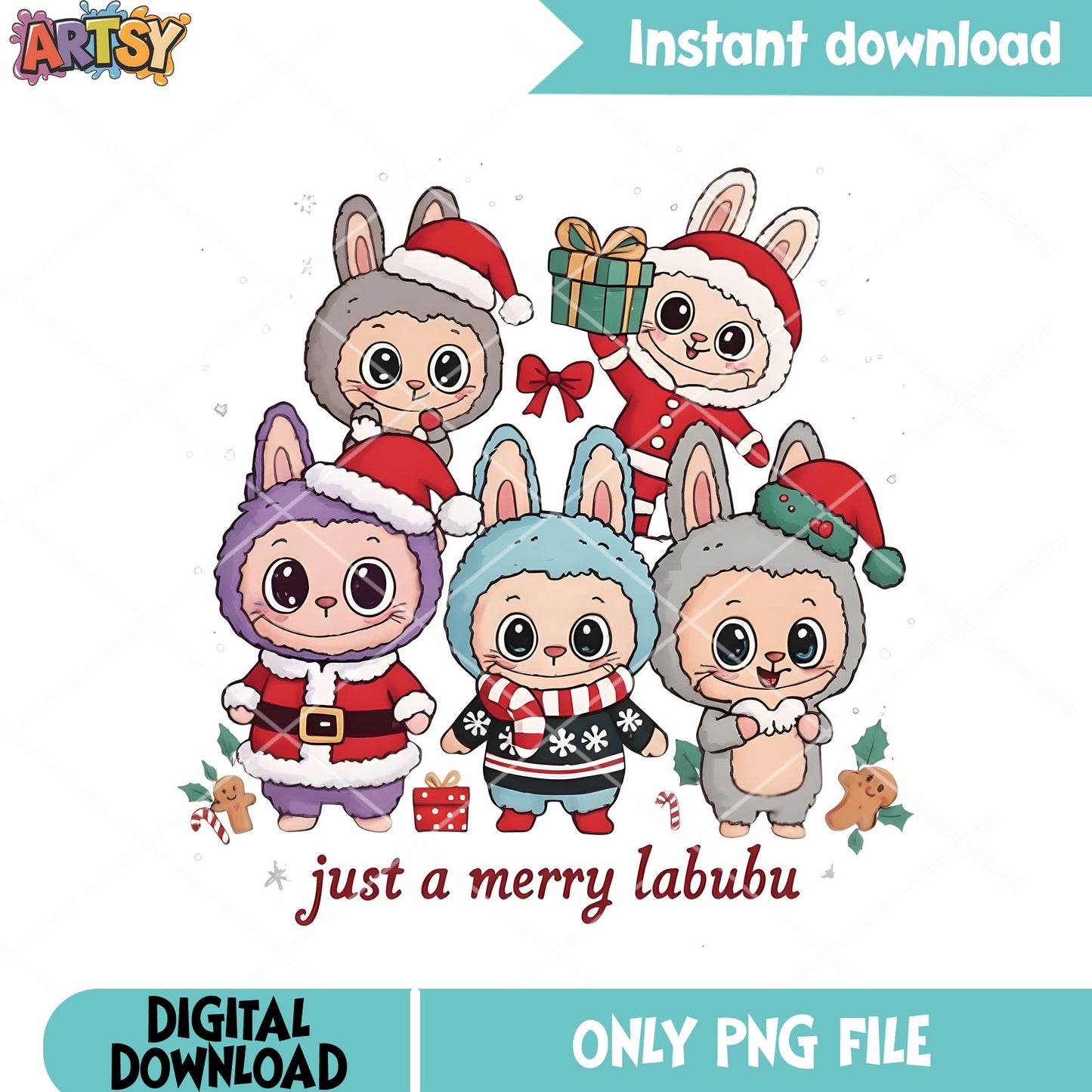 Just a merry labubu png, santa costume png, christmas gifts png