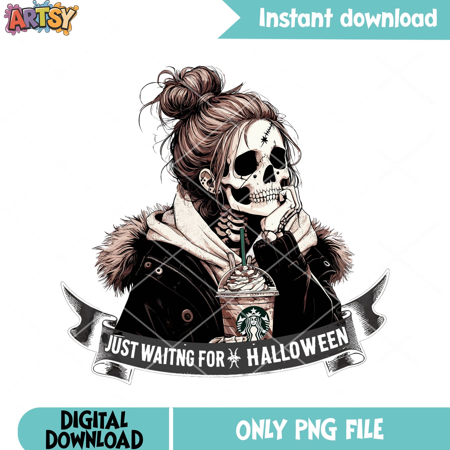 Just waiting for halloween png, skeleton costume png, starbuck png