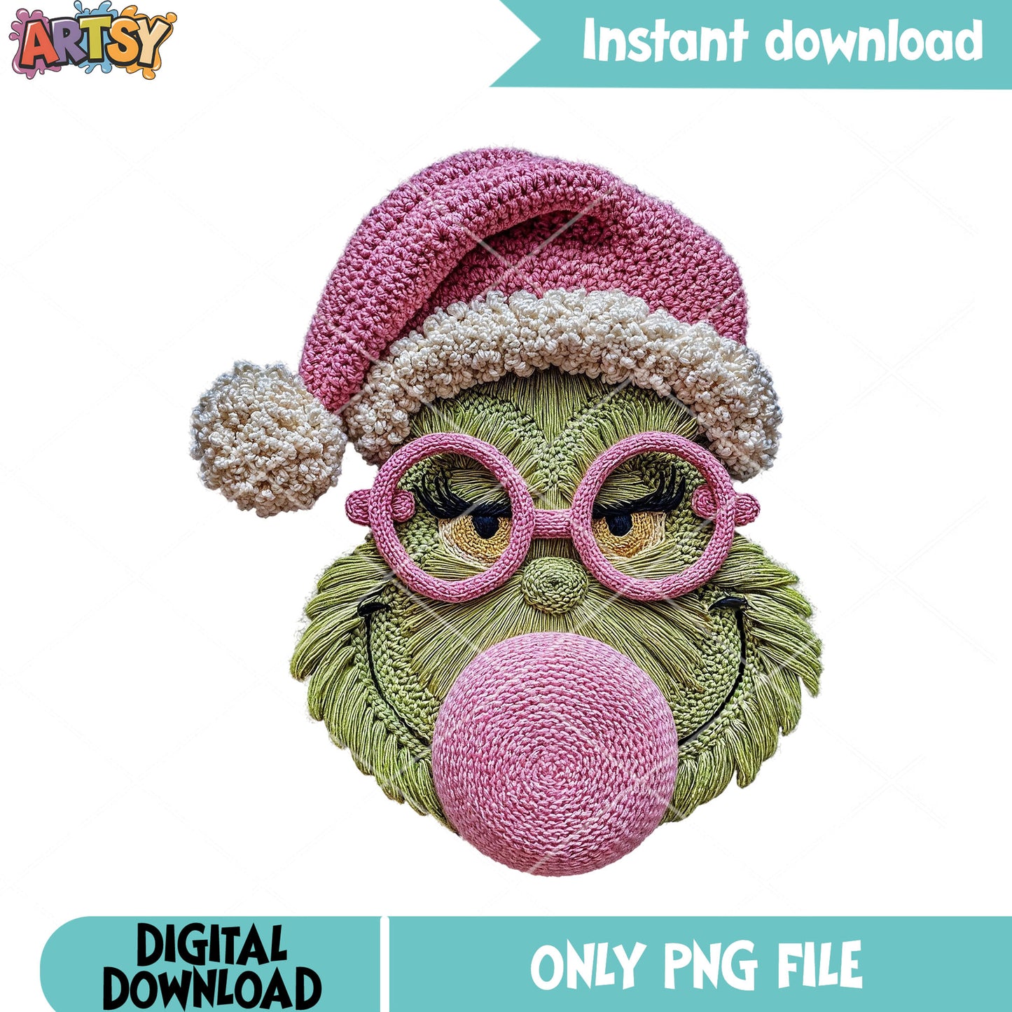 Knitting green monster grandma png, the grinch png, santa hat png