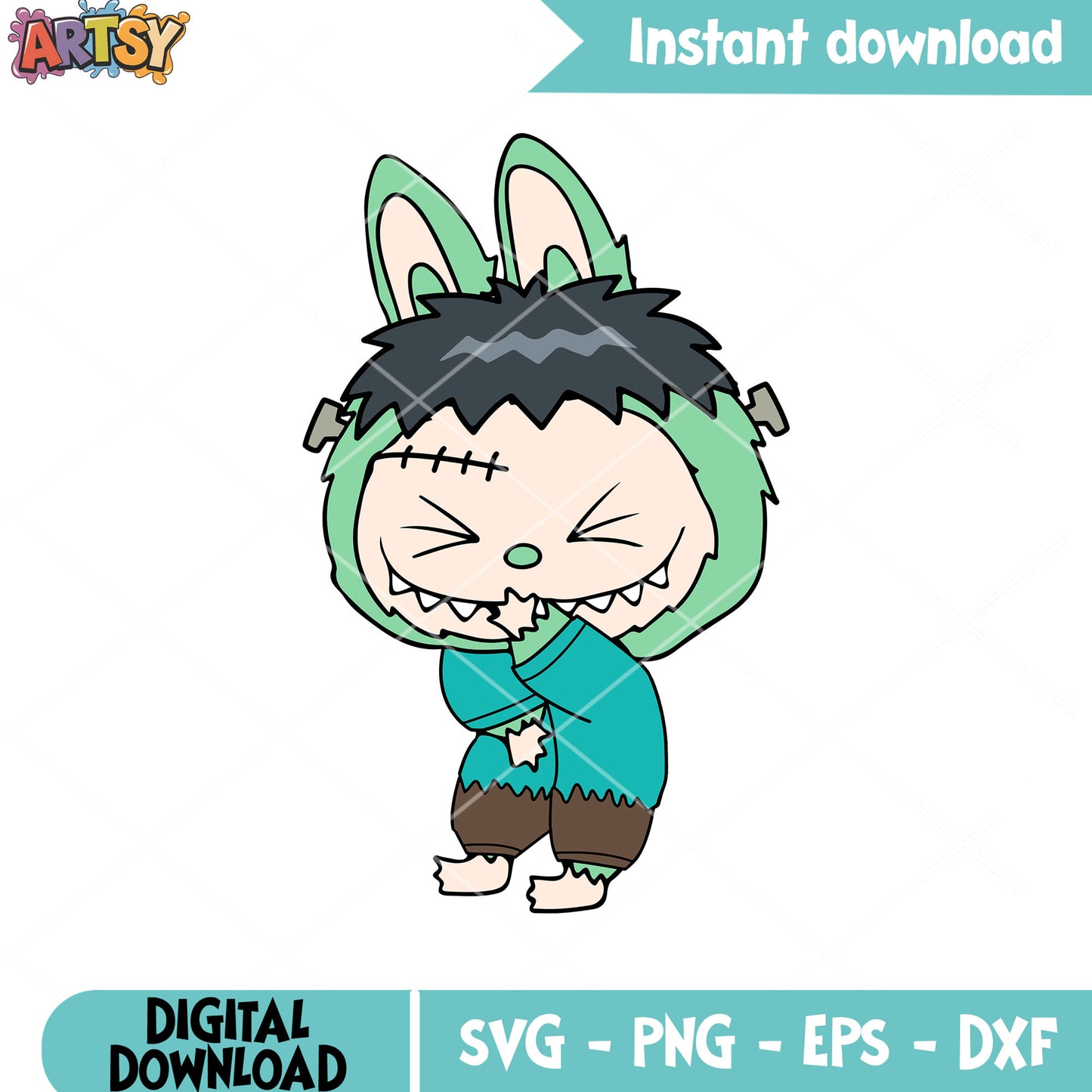 Labubu Frankenstein smile svg, Frankenstein svg, labubu costume svg