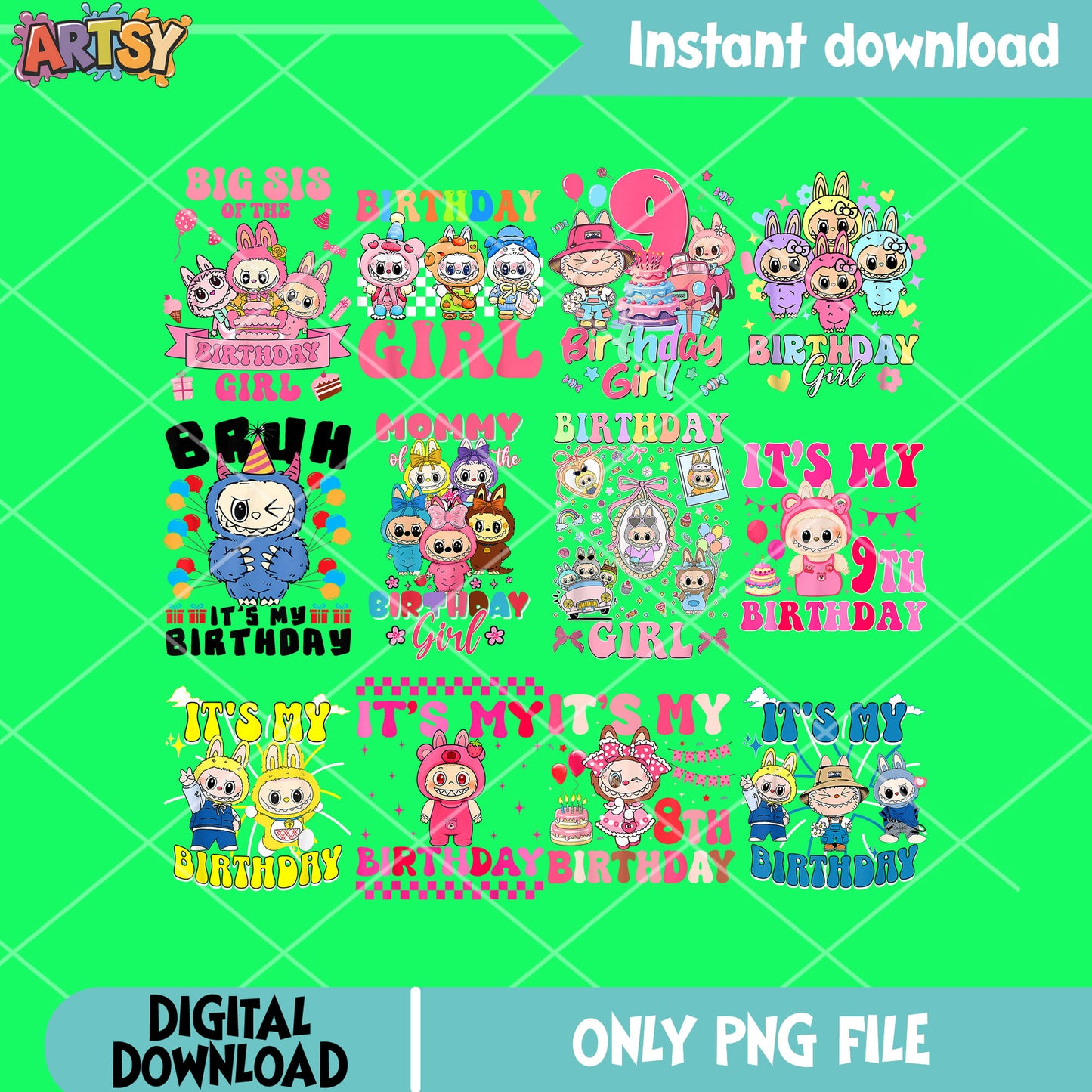 Labubu birthday png bundle, pink labubu png, popmart labubu png