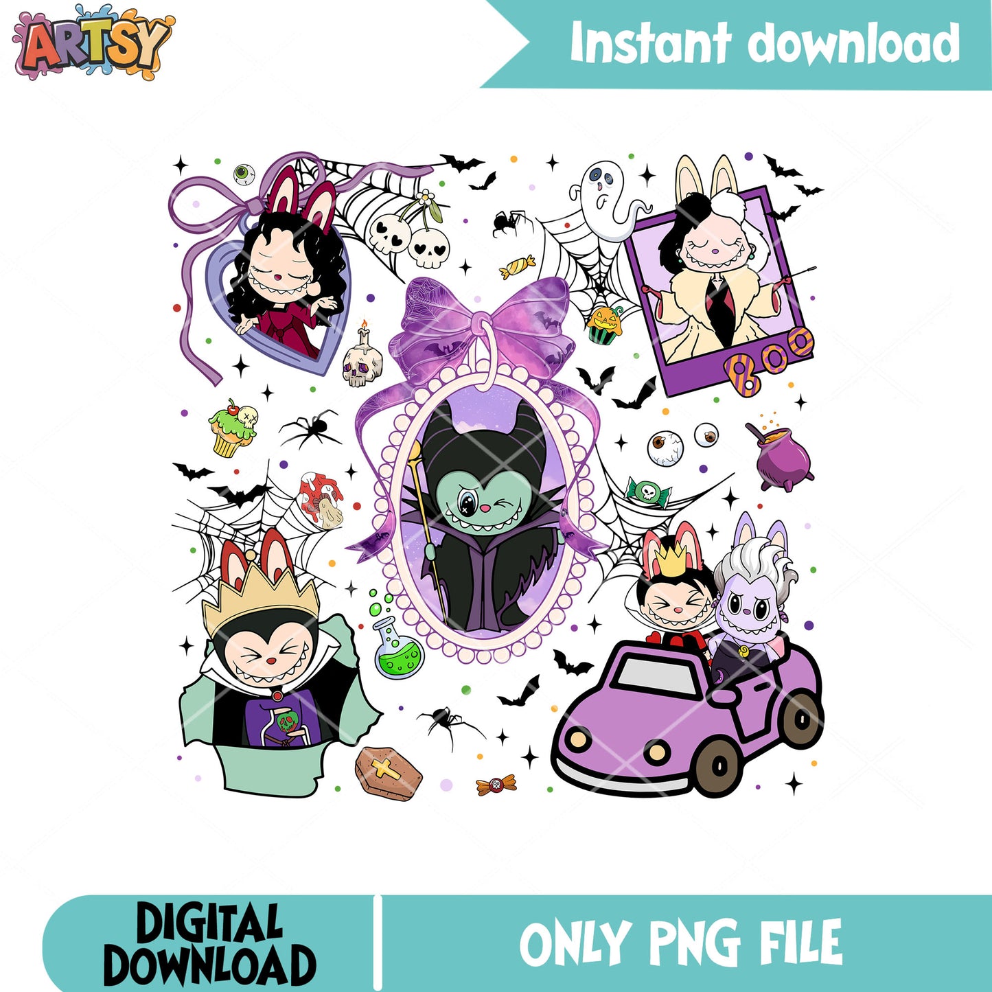 Labubu disney villain png, labubu halloween png, disney villain png