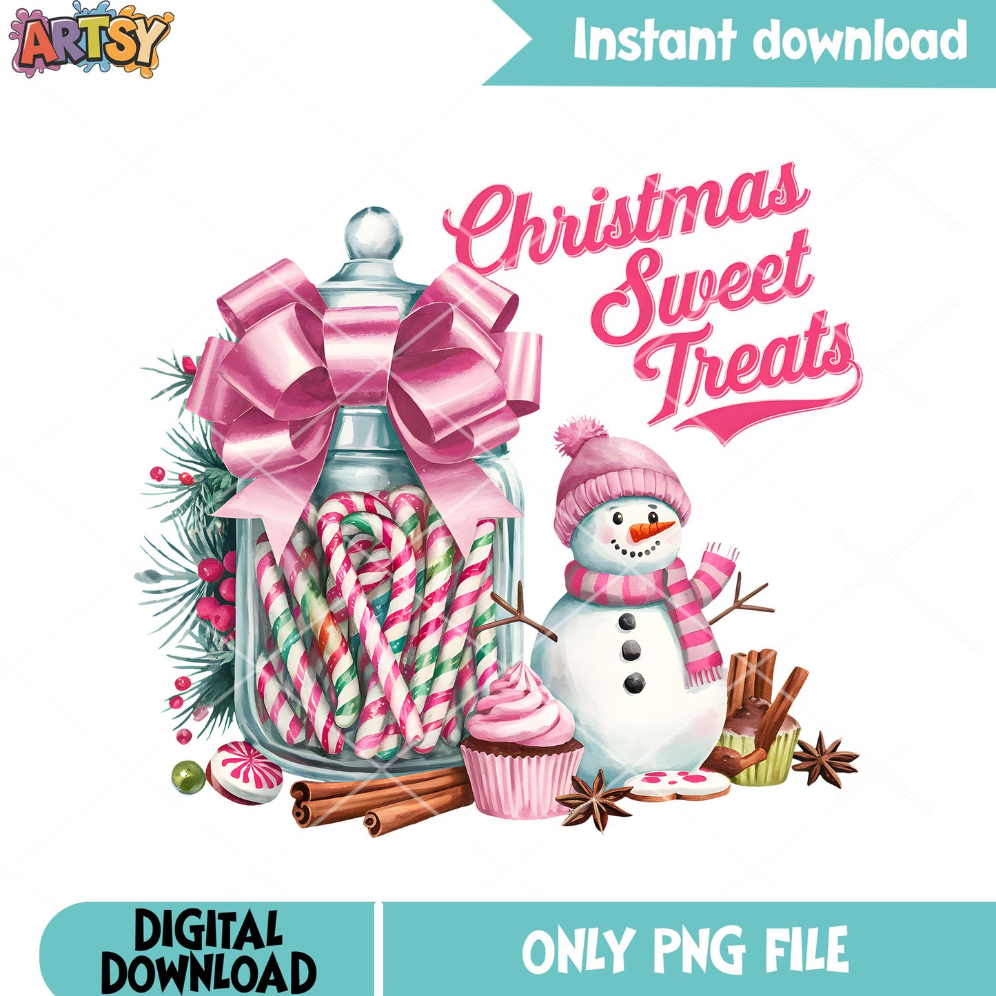 Large jar christmas candy png, candy cane png, christmas snowman png