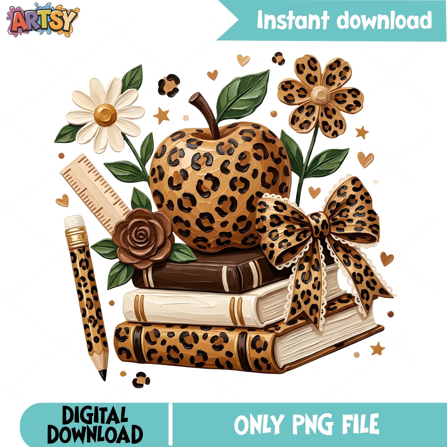 Leopard Print Teacher Apple PNG, Back To School PNG, Teacher PNG
