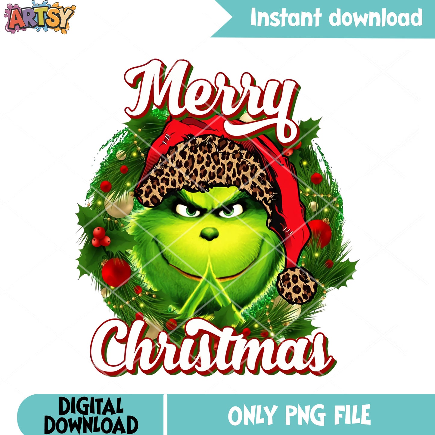 Leopard christmas decor png, christmas wreath png, the grinch png