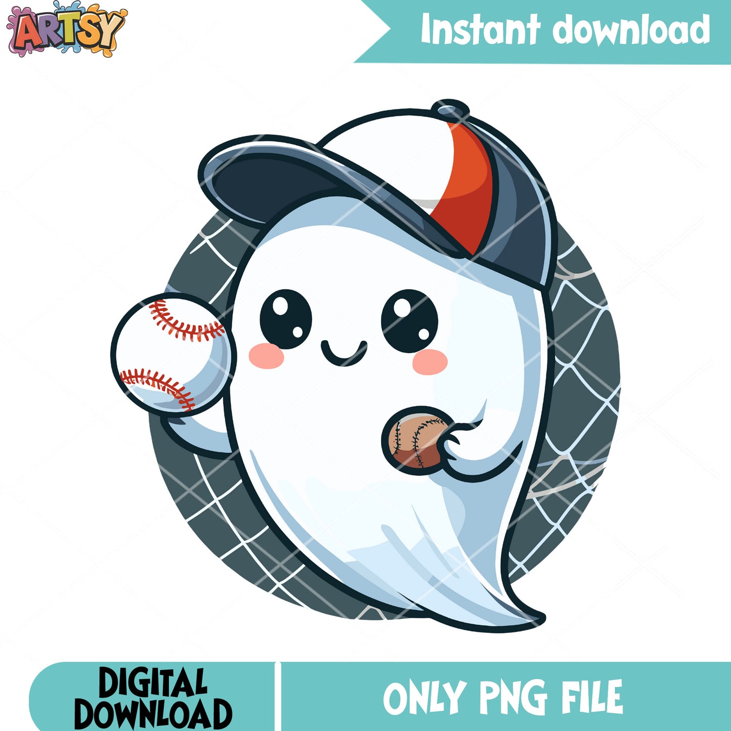 Little ghost excited for first time, baseball png, scary night png