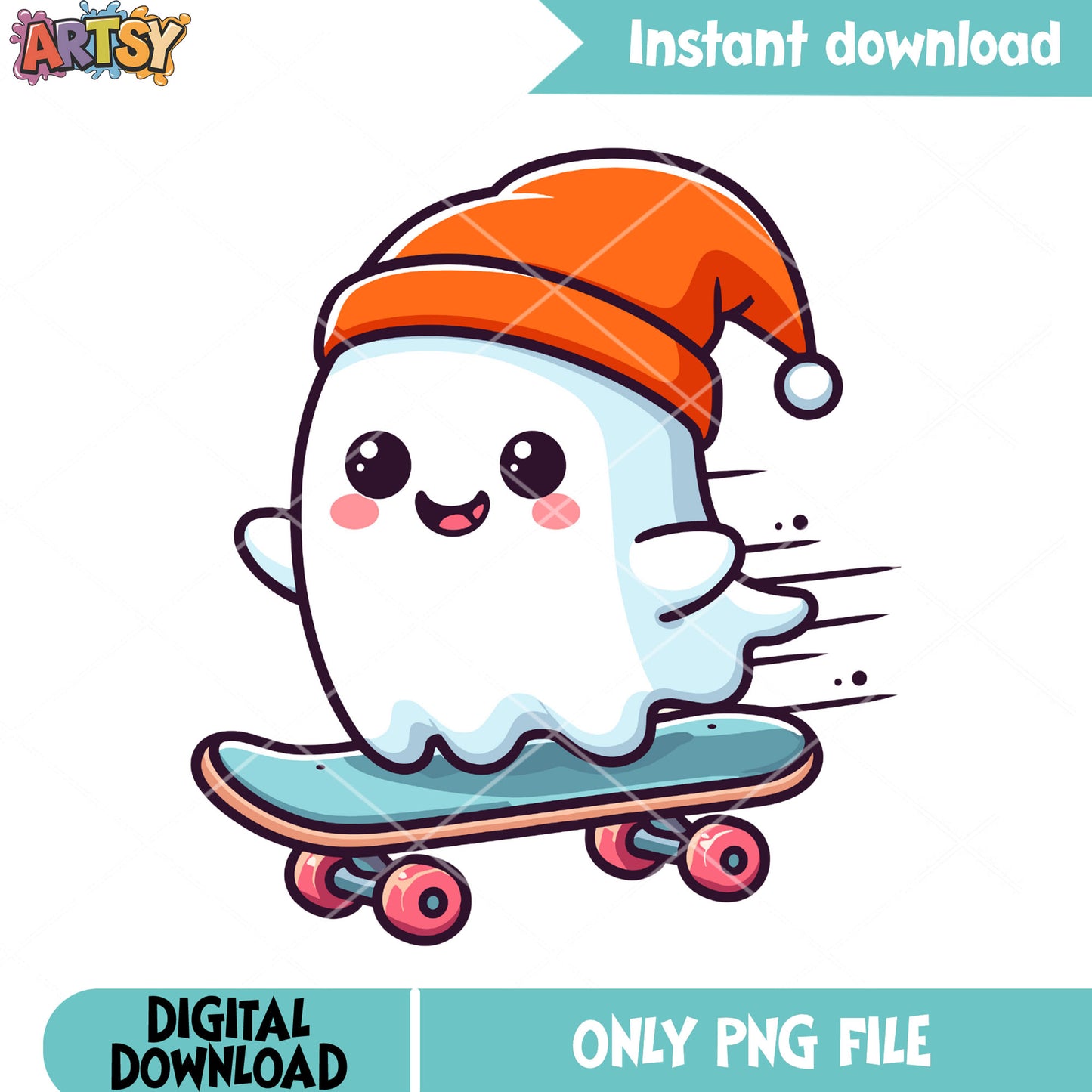Little ghost red beanie png, skateboard png, halloween scary png