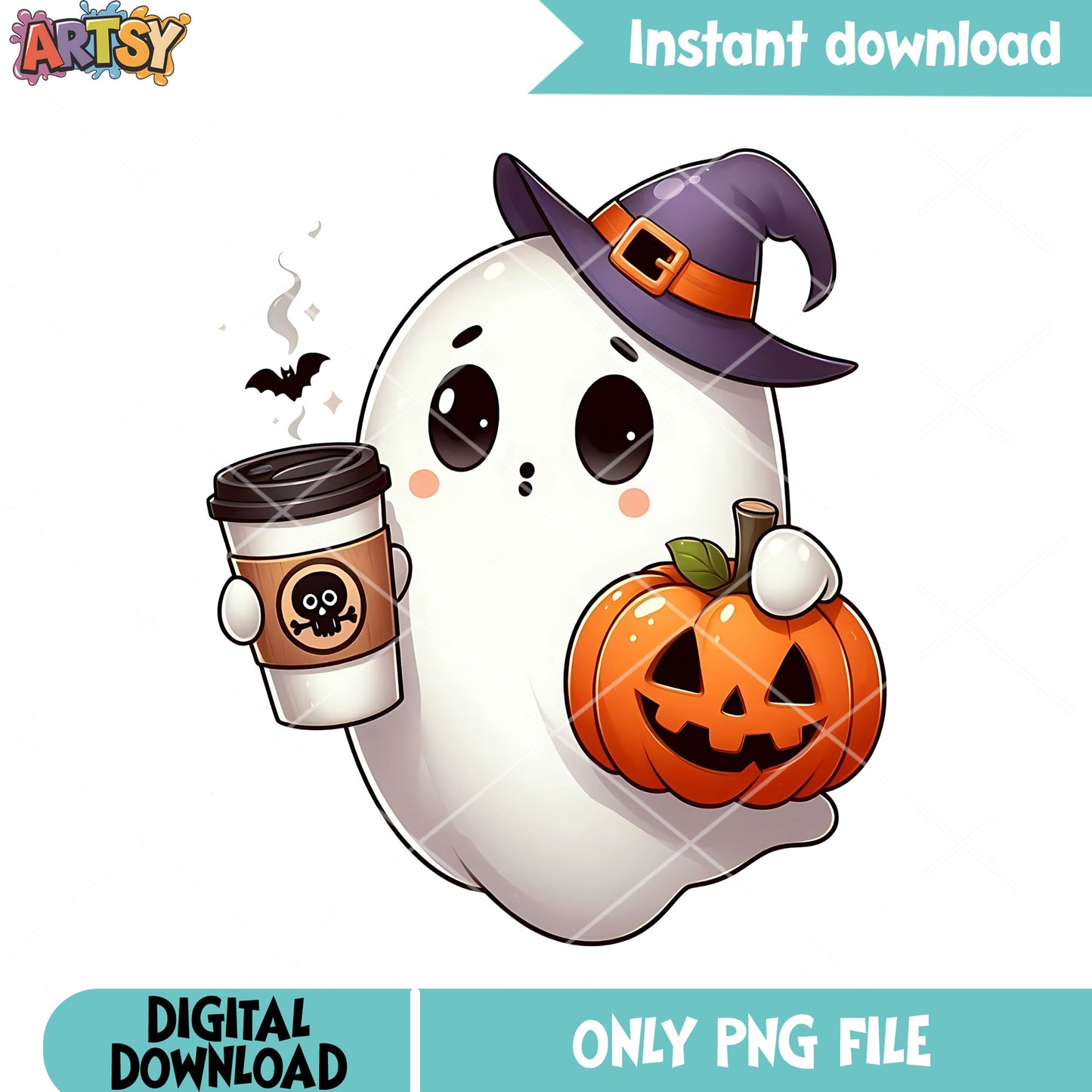 Little spirit drink coffee png, jack o lantern png, cute halloween png