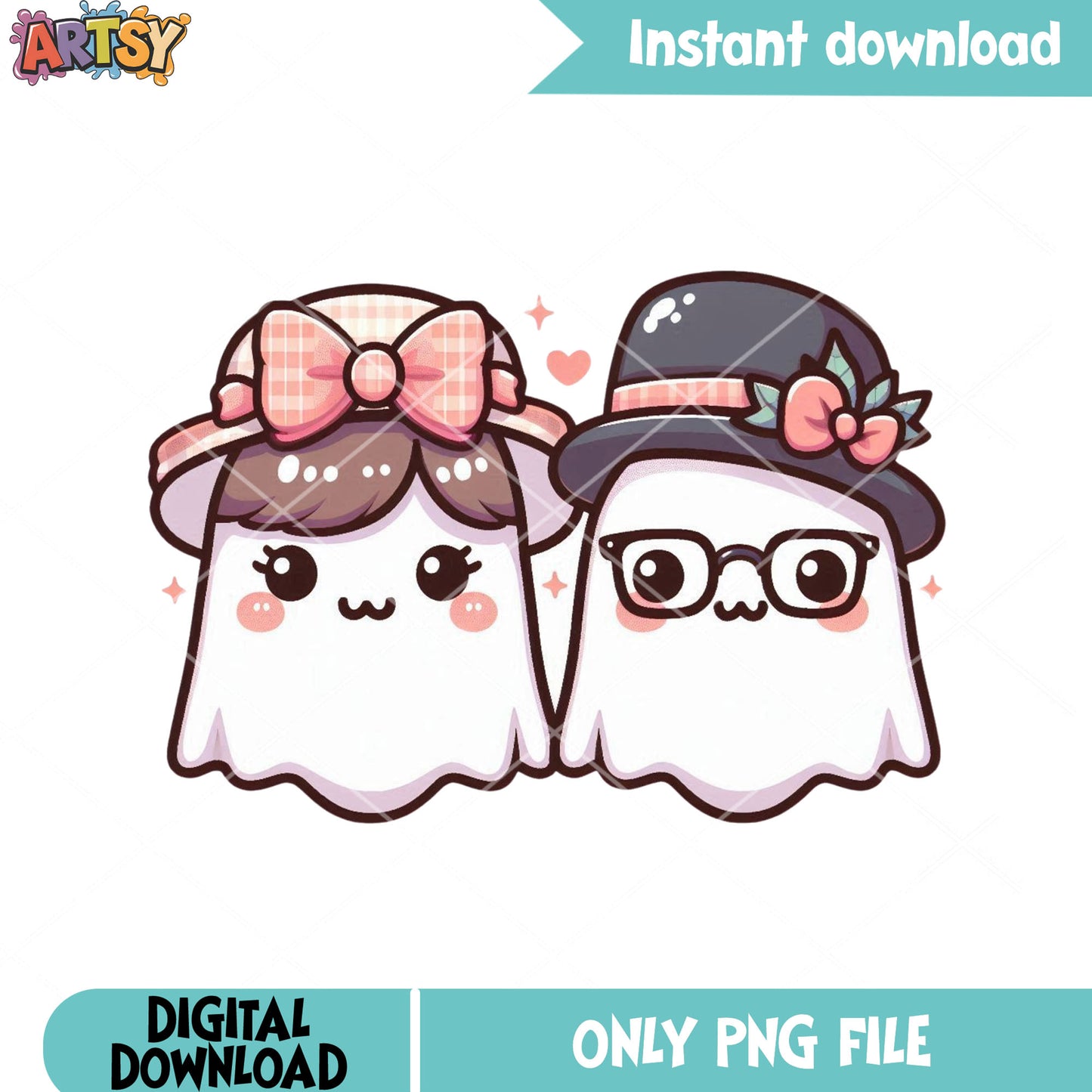 Lovely parent couple ghost png, pink bow tie png, halloween scary png