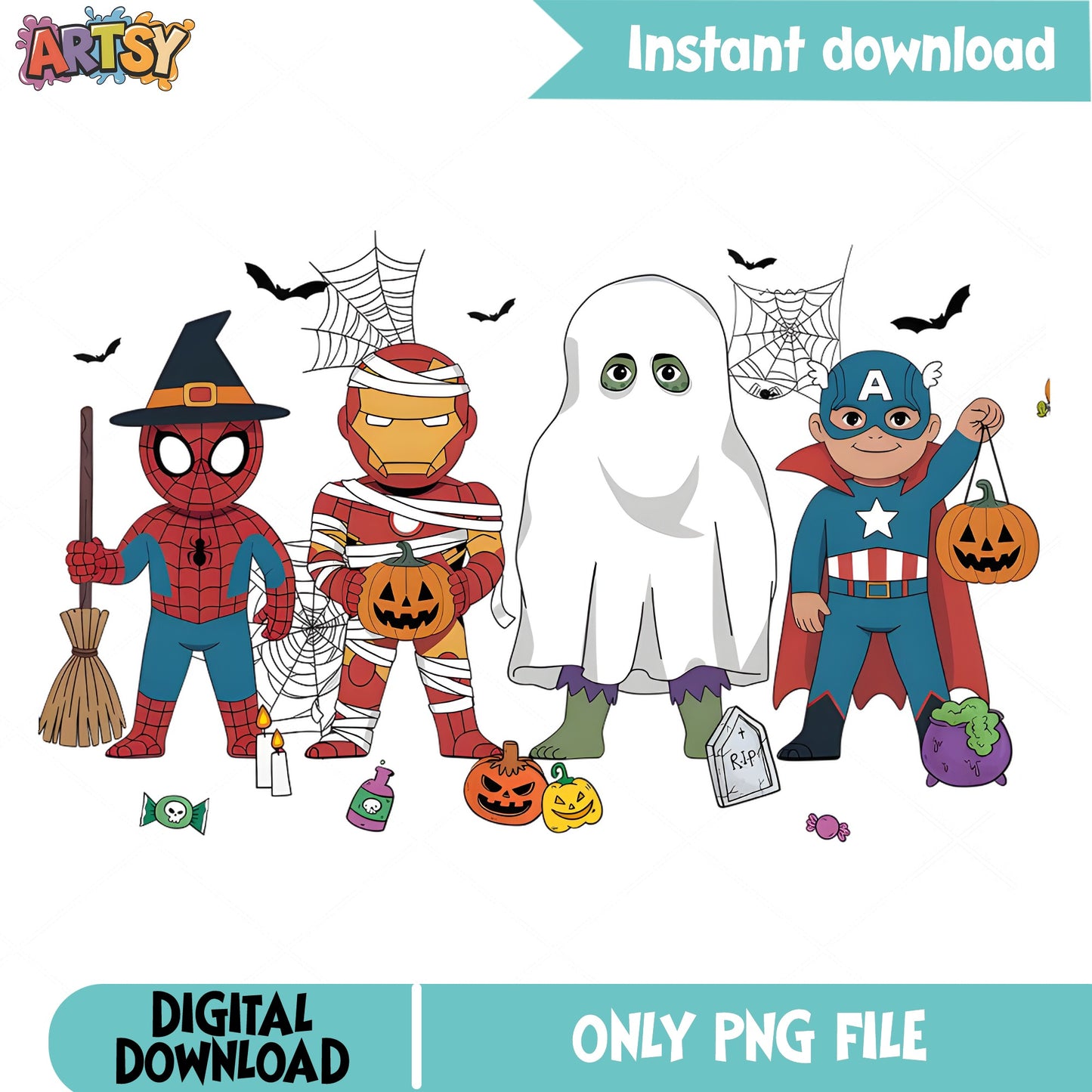Marvel Superheroes Halloween PNG, Spiderman Iron Man PNG, Trick Or Treat PNG