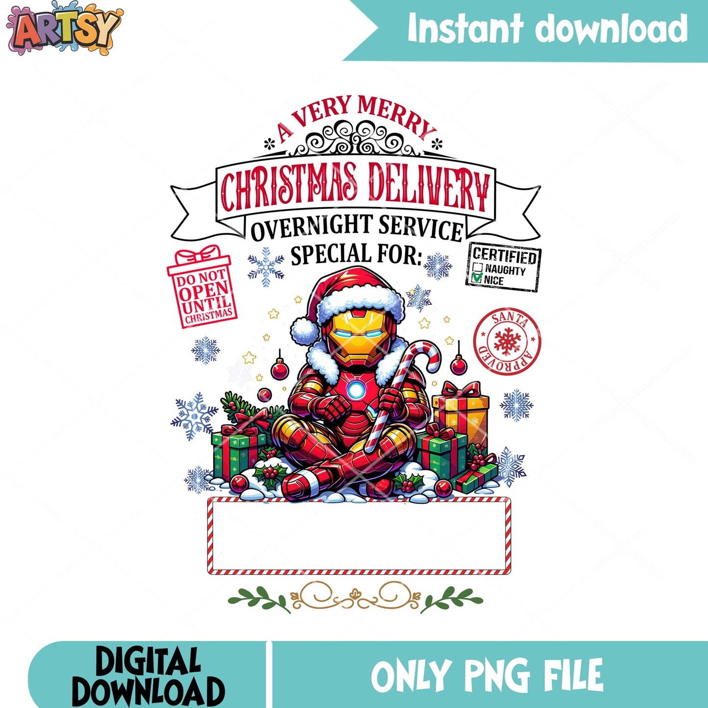 Marvel christmas present png, snow christmas png, iron man png