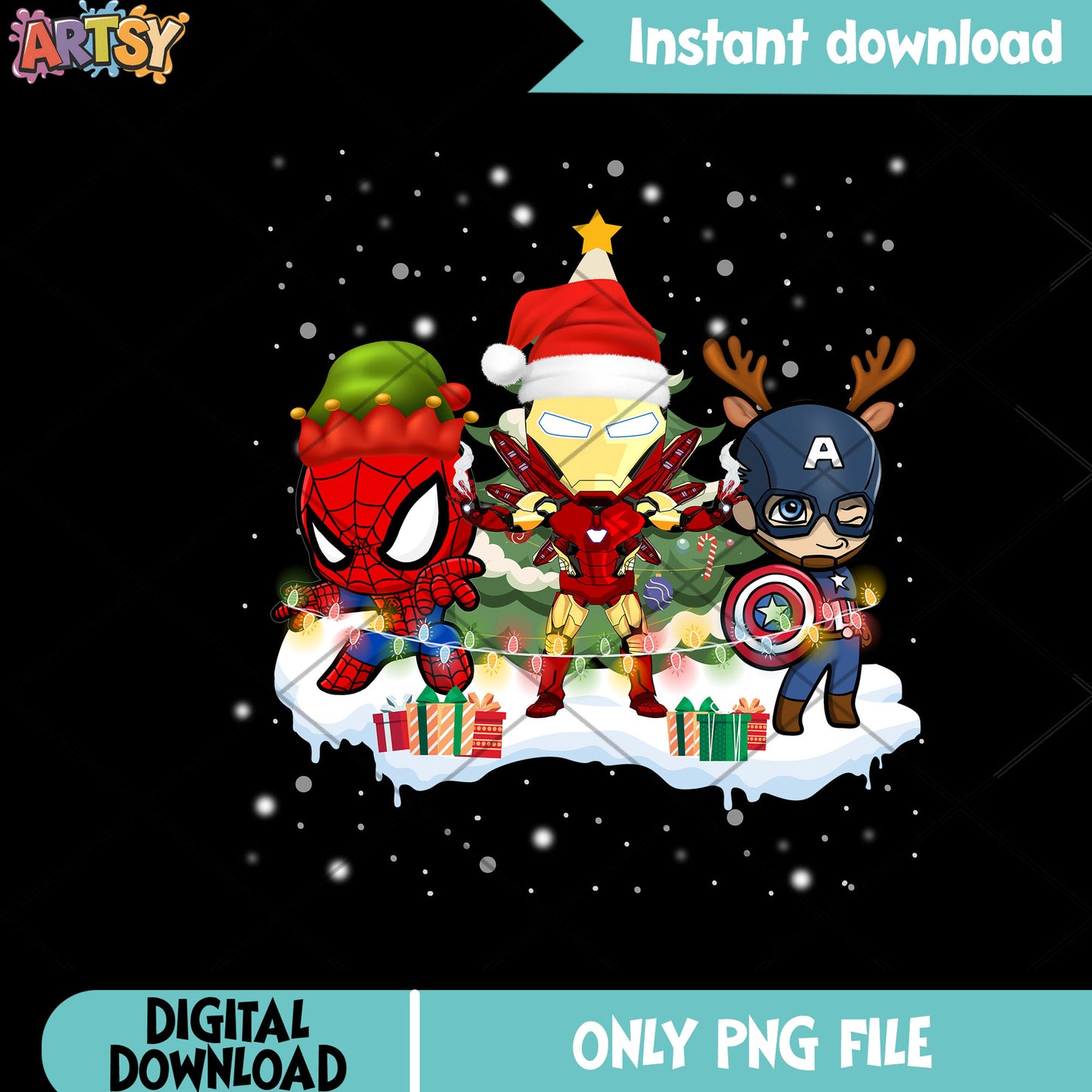 Marvel hero christmas edition png, christmas tree png, iron man png