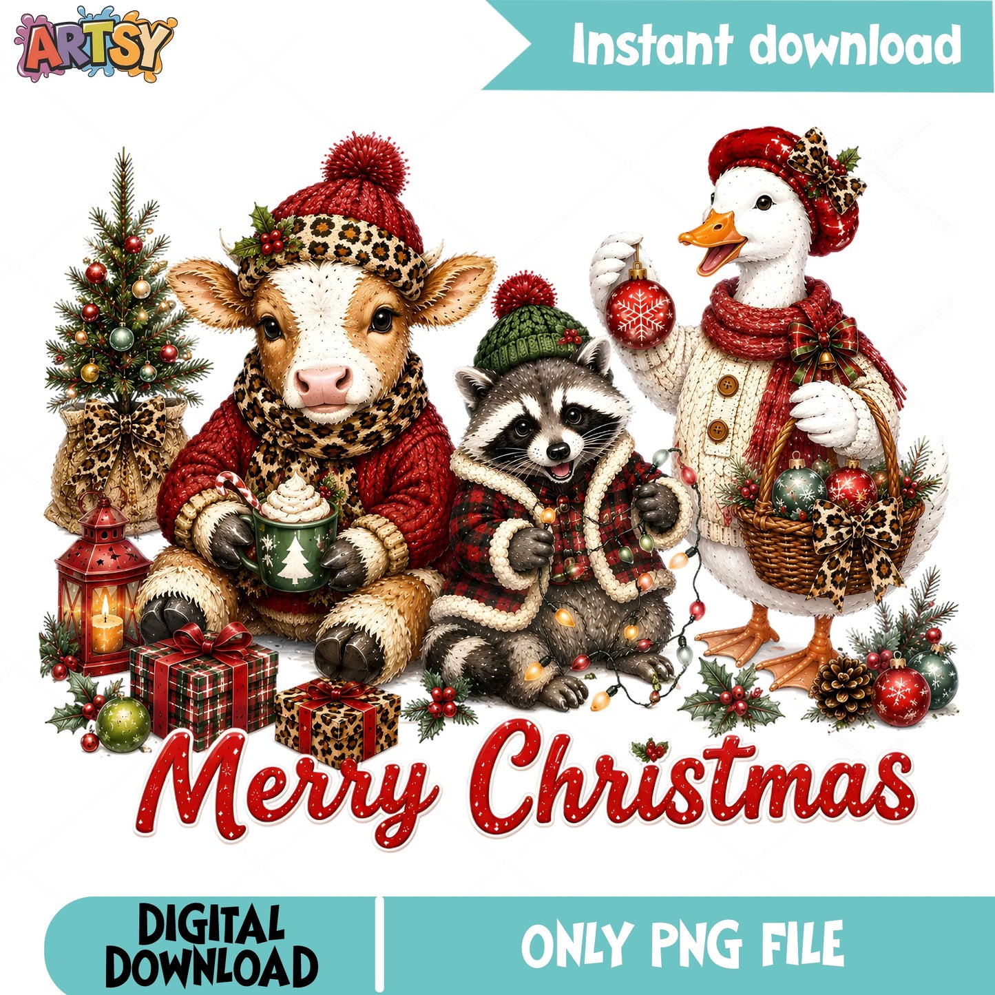 Merry Christmas Animals PNG, Cow Raccoon Duck PNG, Christmas PNG