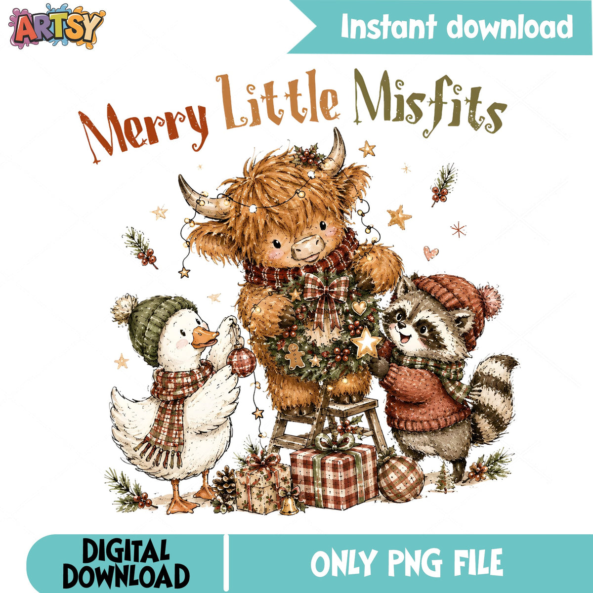 Merry Little Misfits PNG, Highland Cow Christmas PNG, Holiday PNG