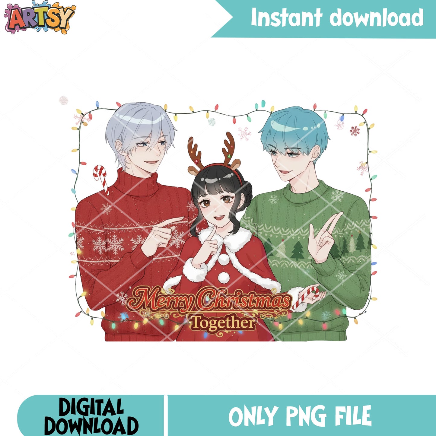 Merry christmas together png, christmas string lights png, saja boys png
