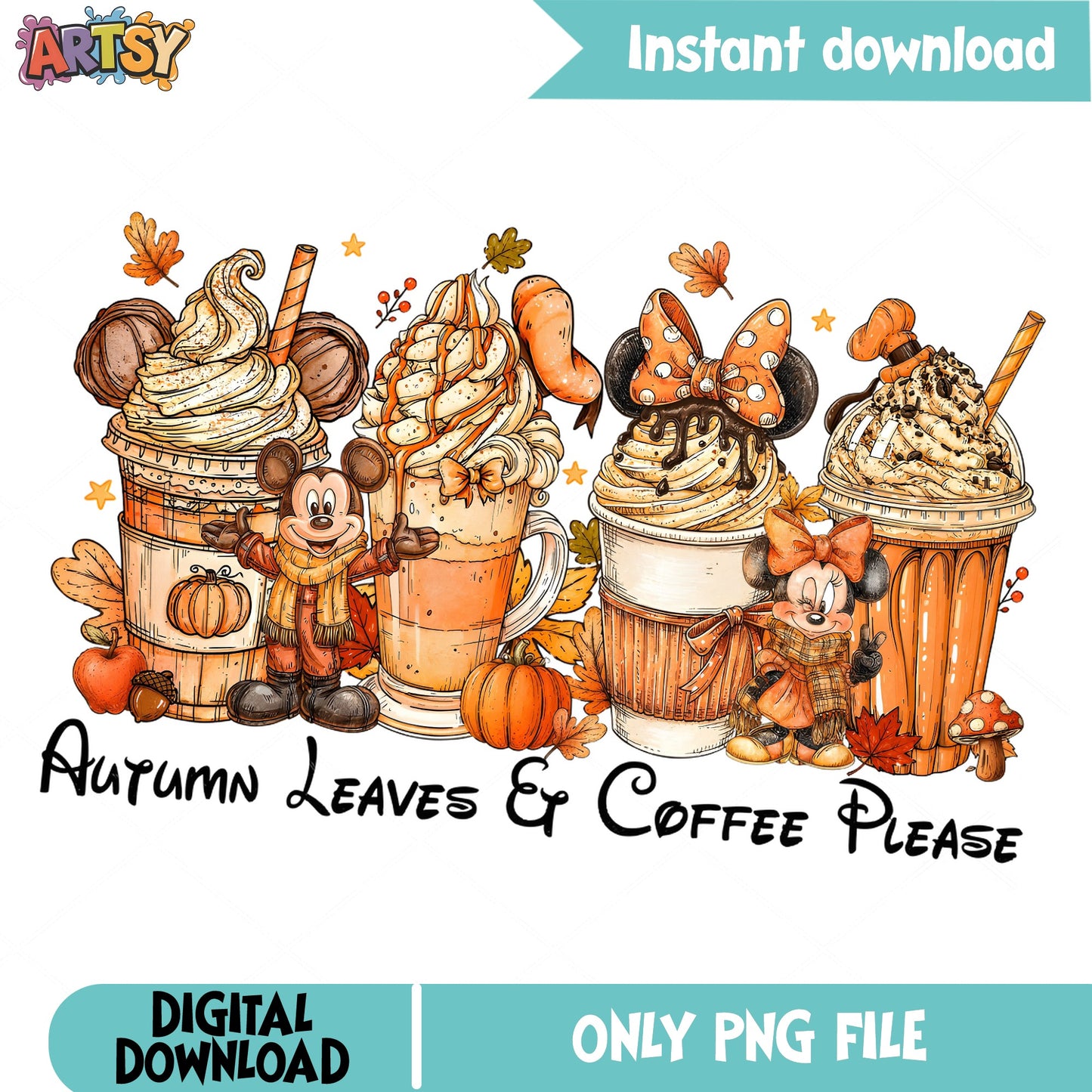 Mickey Minnie Fall Coffee PNG, Autumn Leaves Disney PNG, Fall PNG