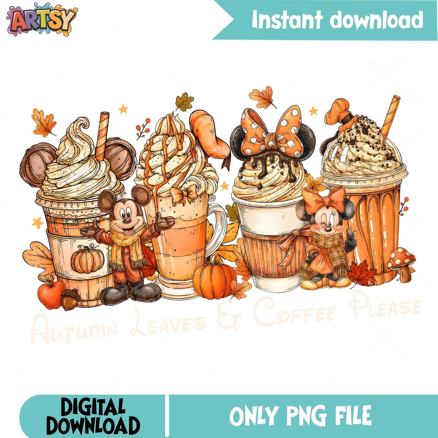 Mickey Minnie Fall Coffee PNG, Autumn Pumpkin Latte PNG, Disney Fall PNG