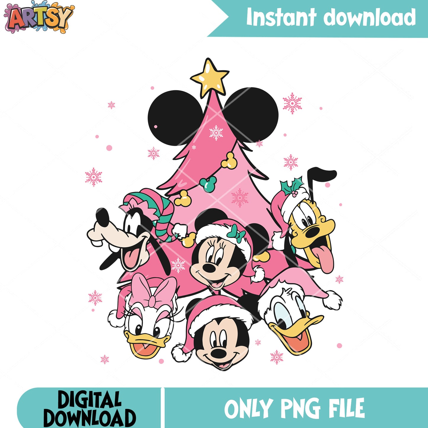 Mickey and friends pink tree png, daisy duck png, merry christmas png