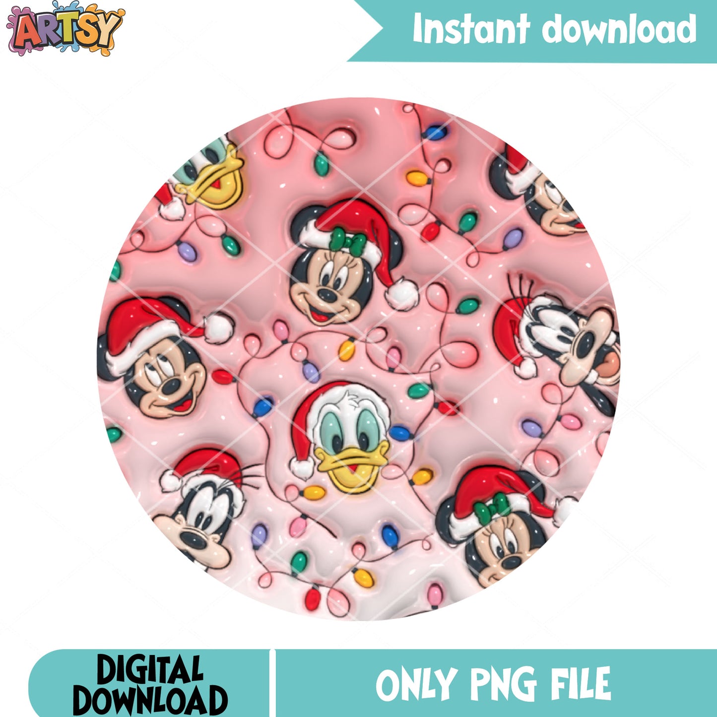 Mickey minnie donald png, goofy christmas png, lights pink png