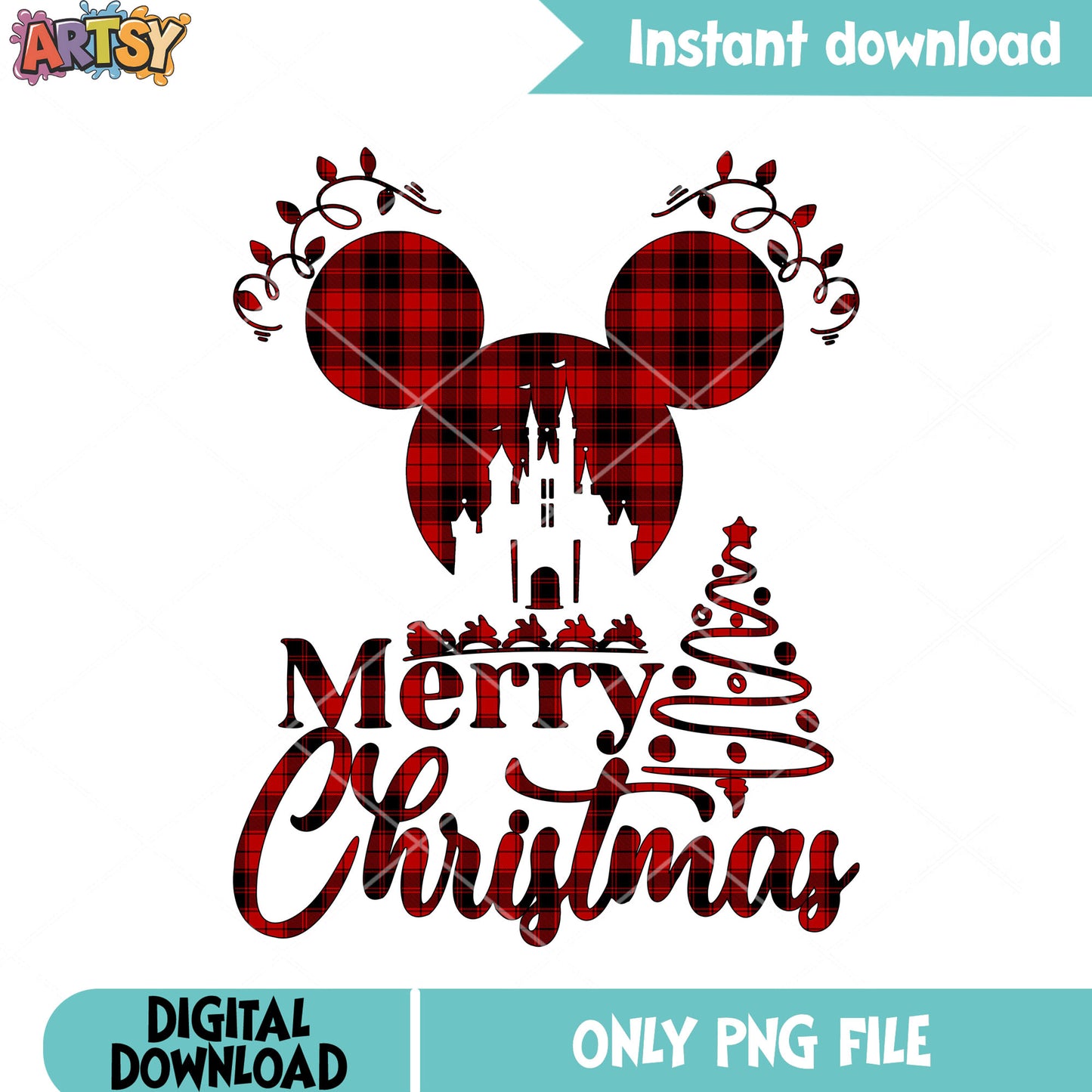 Mickey red plaid castle png, merry christmas png, disney castle png