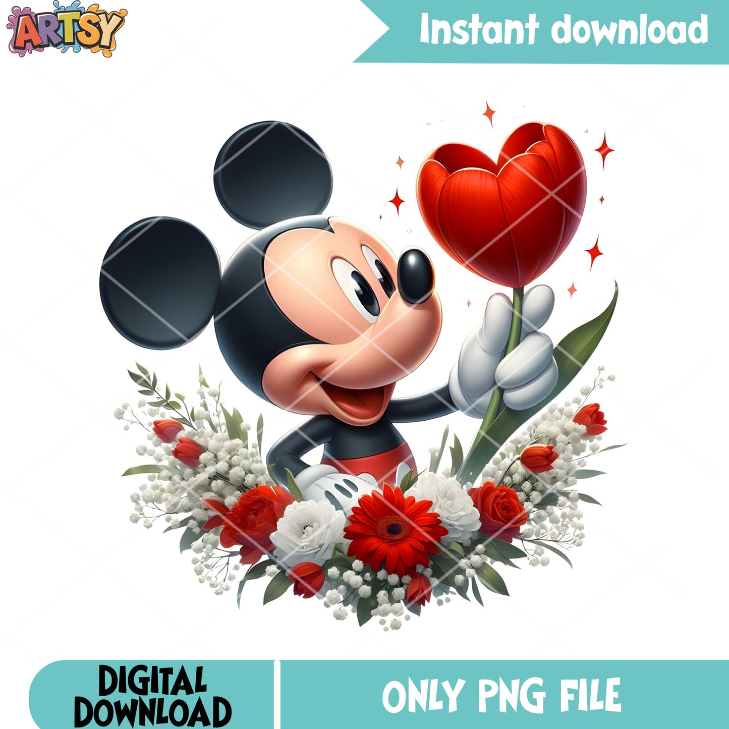 Mickey with tulip valentine flower png, valentine day png, mickey mouse png
