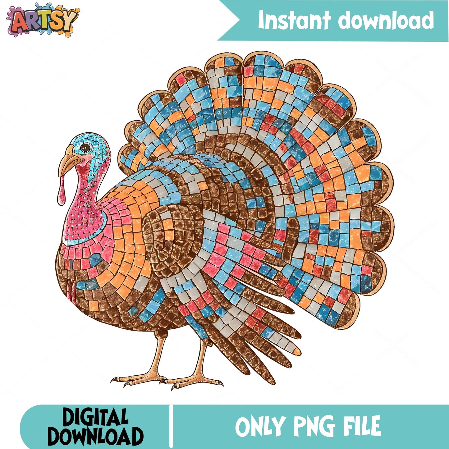 Mosaic Turkey PNG Sublimation, Thanksgiving Turkey PNG, Fall PNG