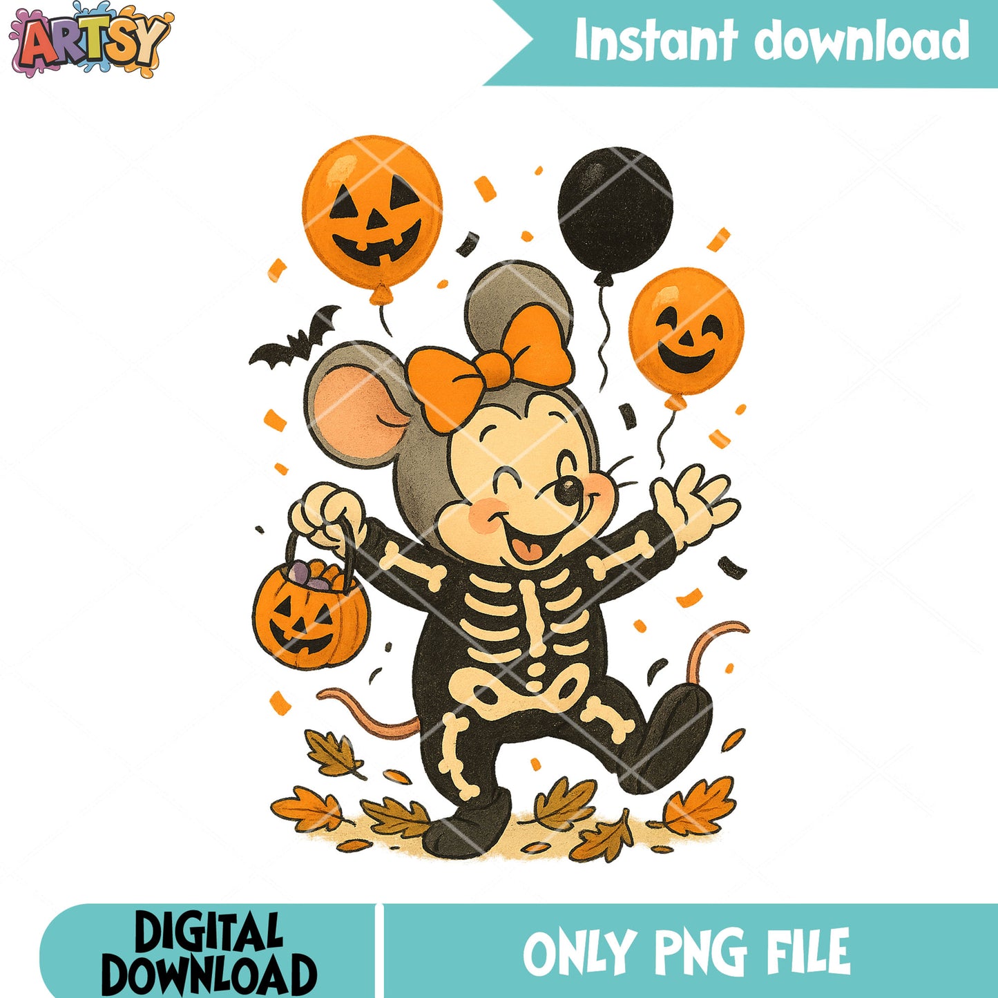 Mouse in skeleton costume png, scary bat png, wicker pumpkin png