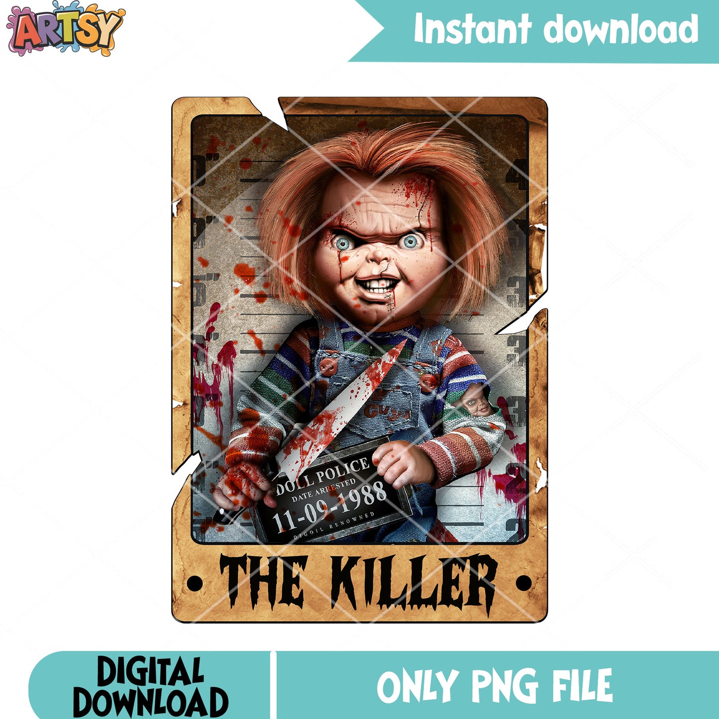 Mug shot chucky the killer png, bloody knife png, halloween movies png