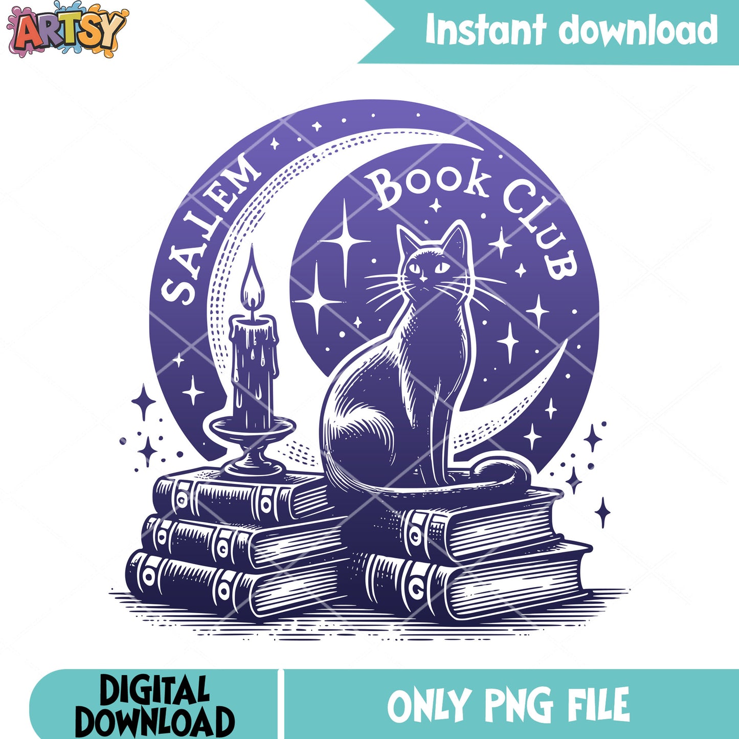 Mytical black cat png, cresent moon png, witch halloween png