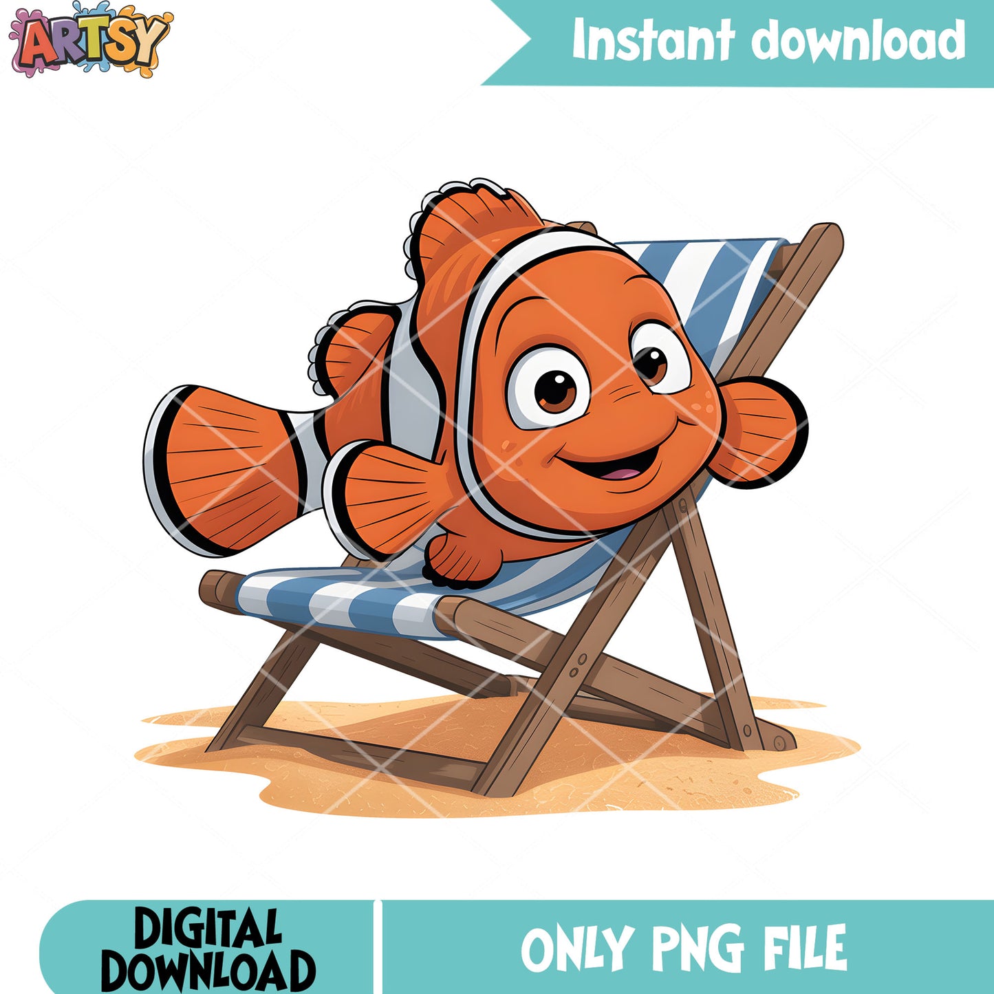 Nemo relax in the beach png, disney vibes png, clownfish nemo png