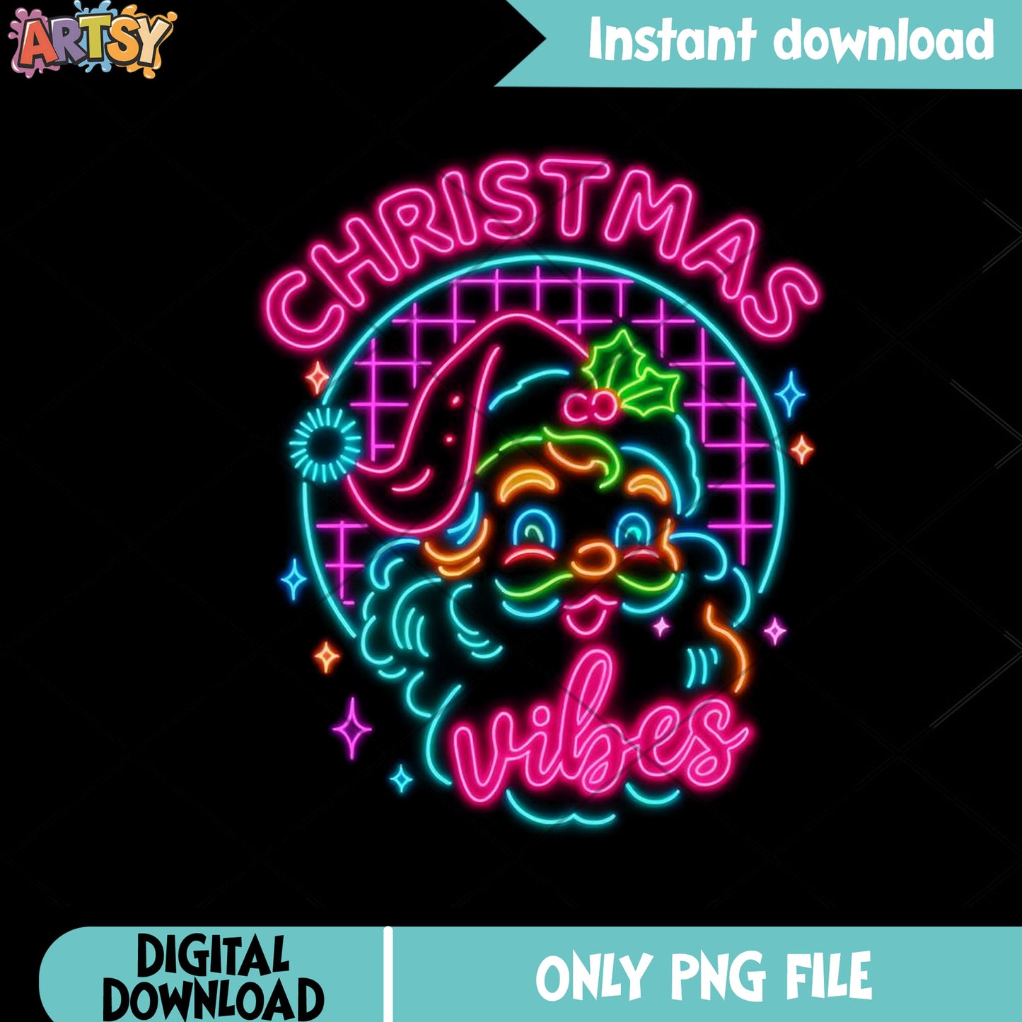 Neon christmas vibes png, christmas decor png, santa claus png