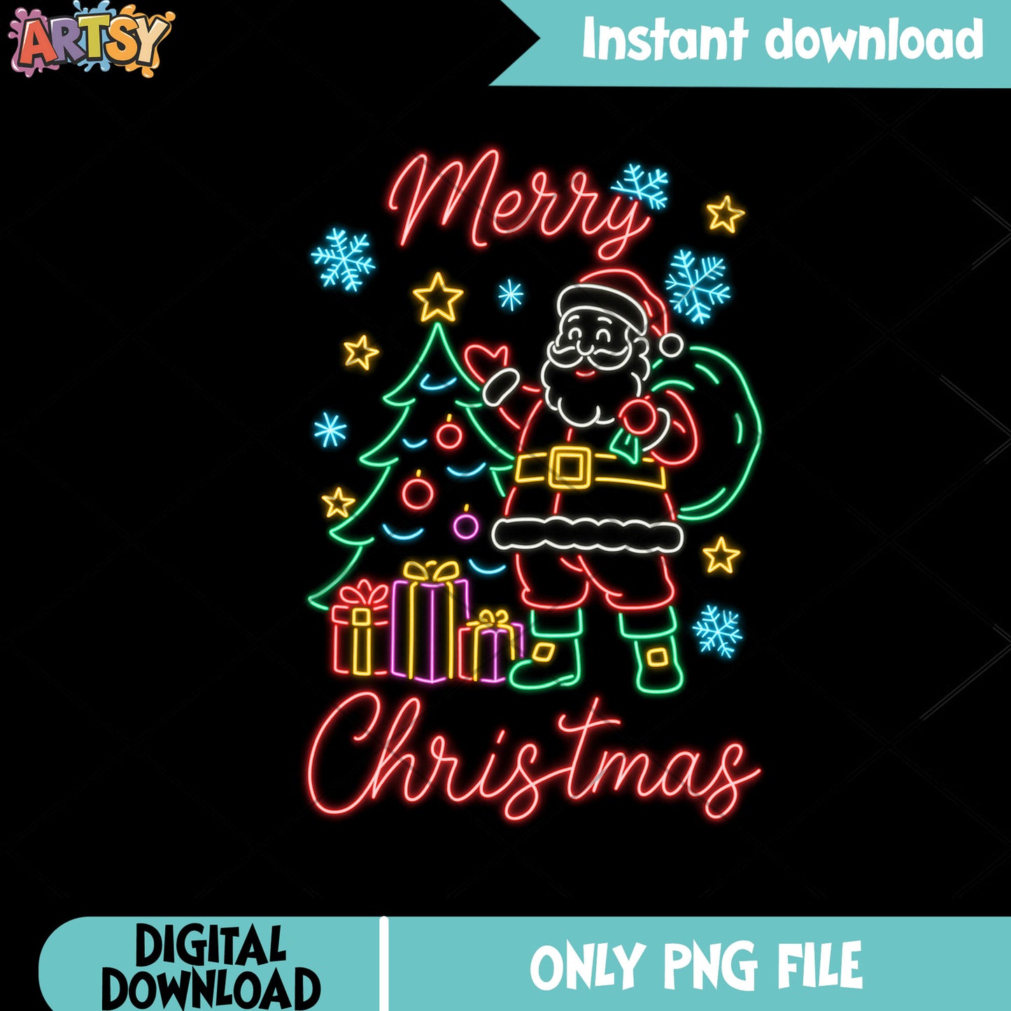 Neon merry christmas png, christmas gifts png, christmas tree png
