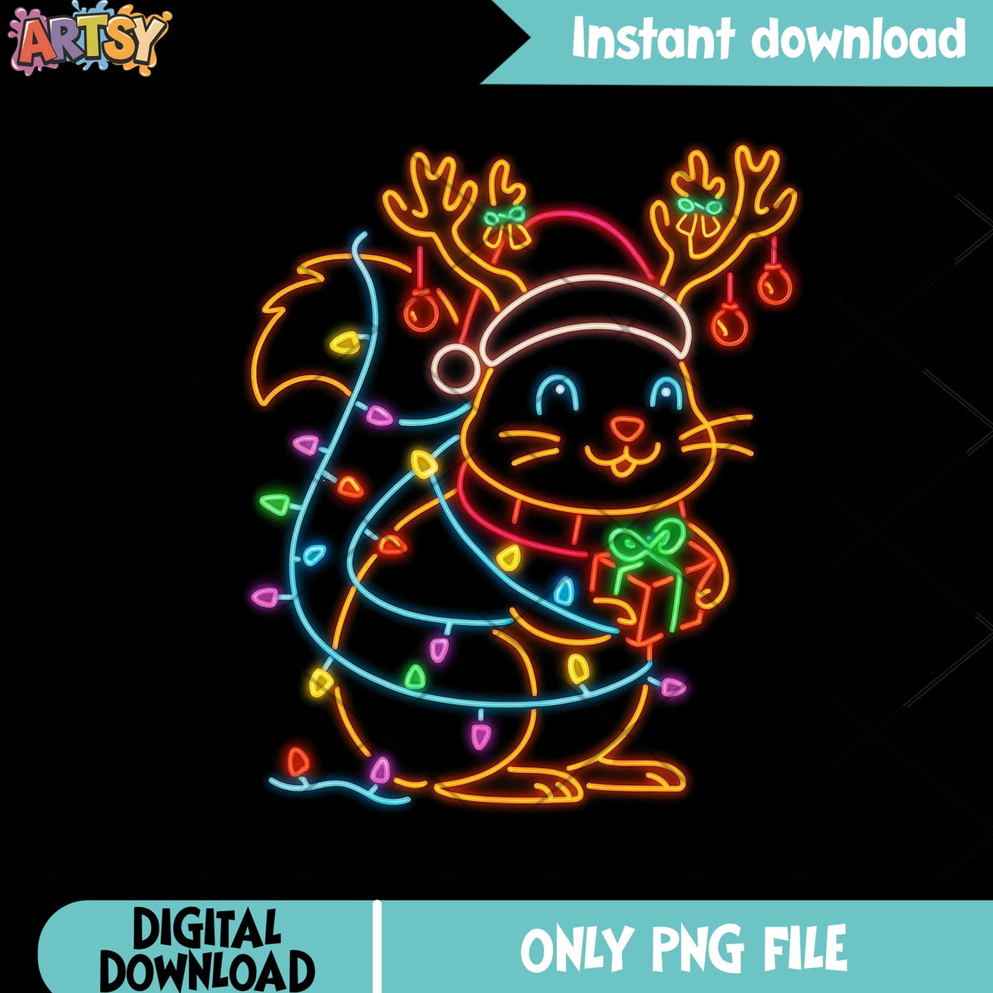 Neon quirrel christmas png, christmas decor png, christmas vibes png