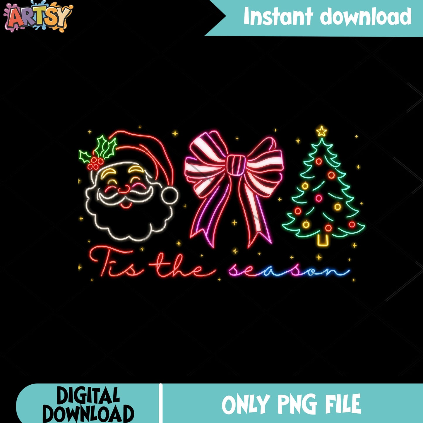 Neon tis the season png, santa claus png, christmas tree png