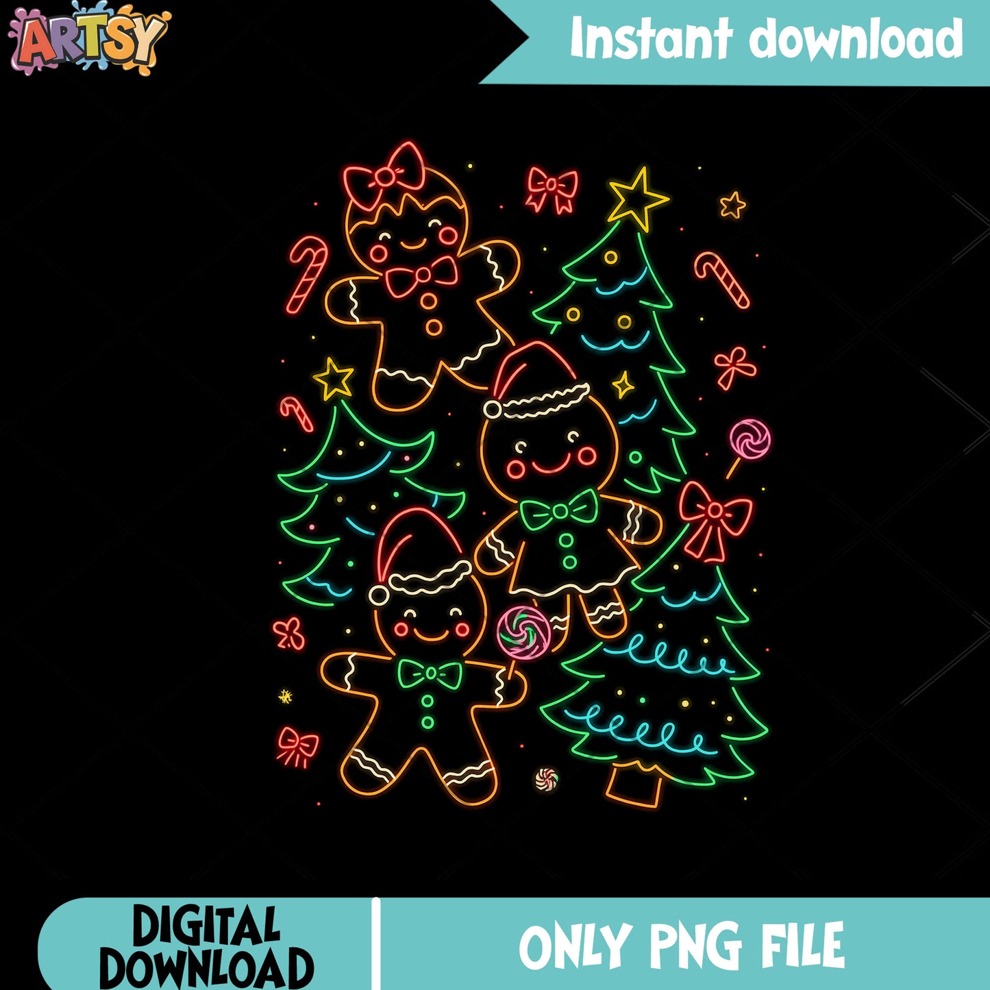 Neon trio gingerbread png, christmas decor png, christmas tree png