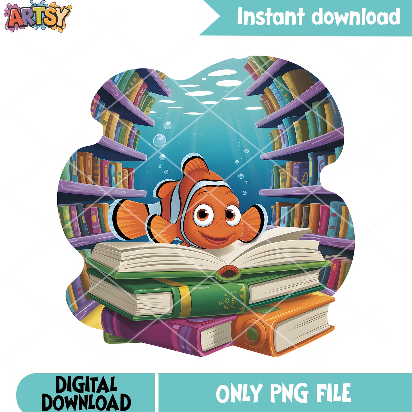 Nerd nemo love book png, clownfish nemo png, disney movie png