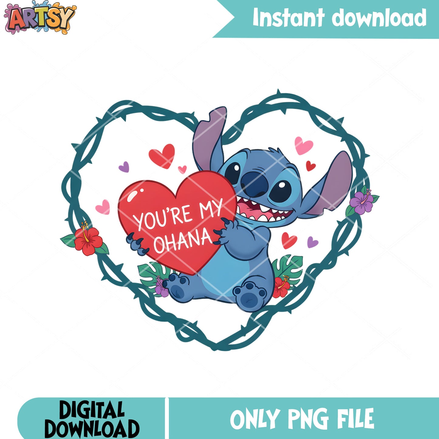 Ohana love heart valentine png, valentine vibes png, lilo and stitch png