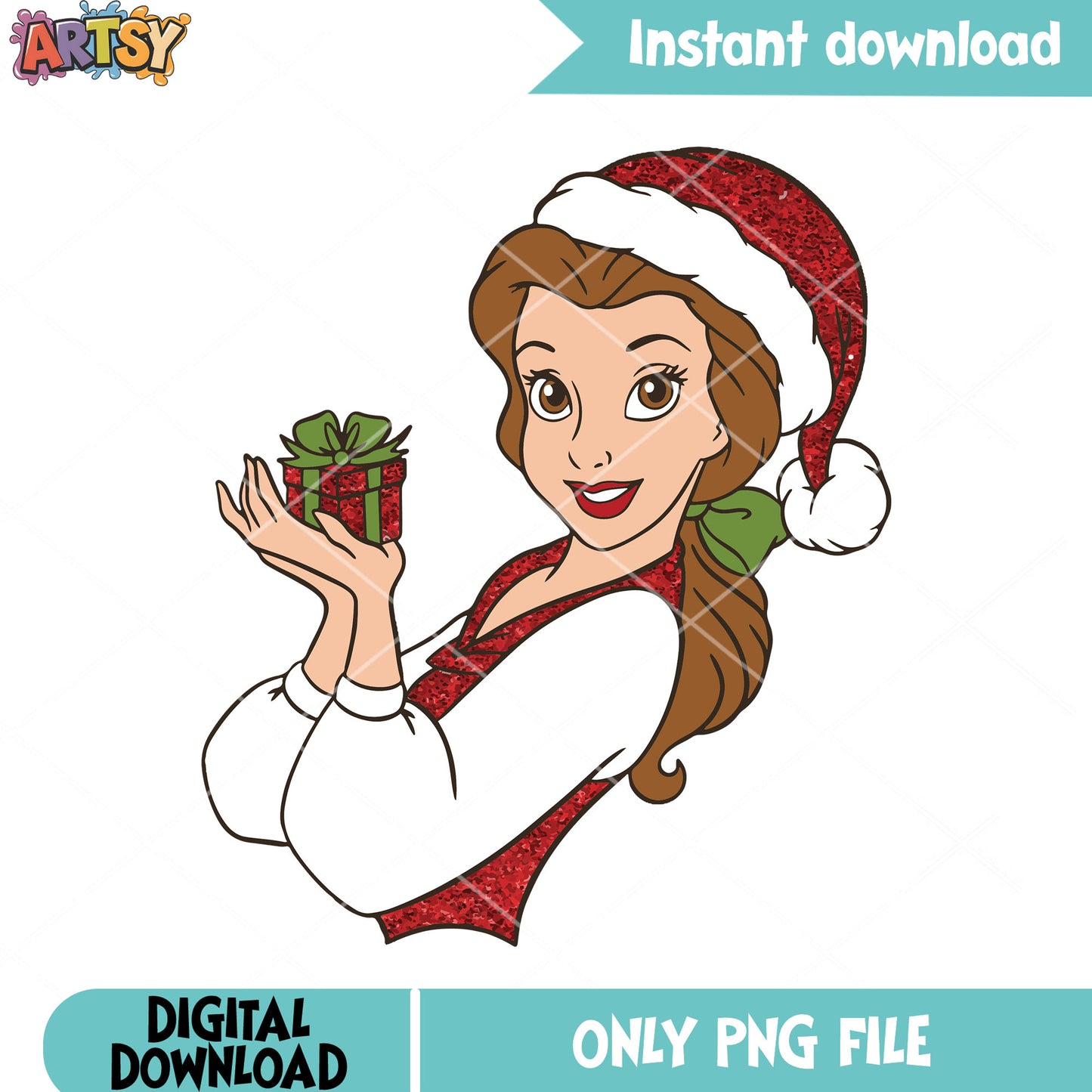 Outfit present art png, glitter gift box png, disney belle png