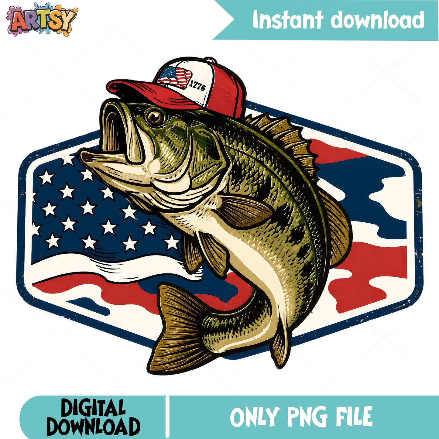 Patriotic Bass Fish Fishing PNG, 4th Of July PNG, American Flag PNG