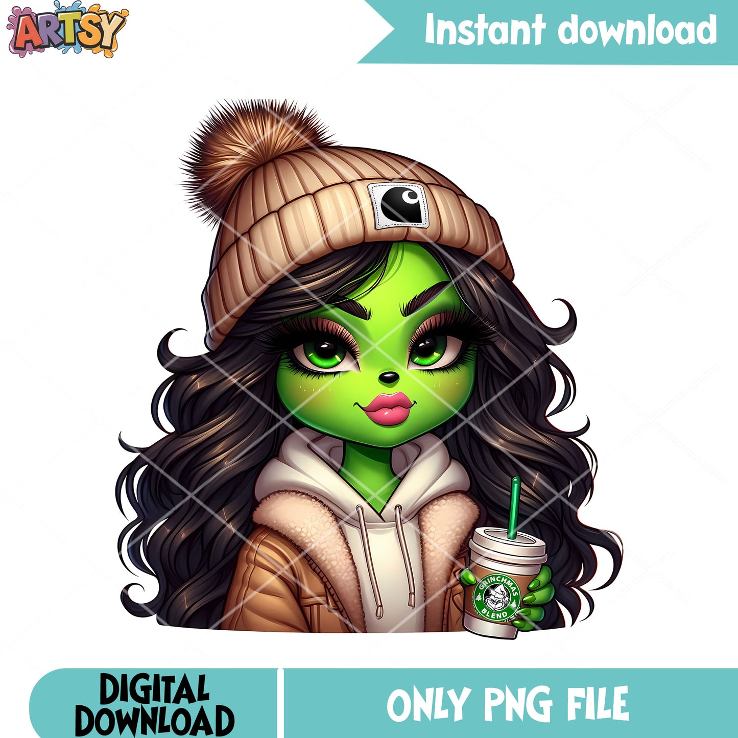 Peak grinch girl christmas png, hot cocoa png, the grinch png