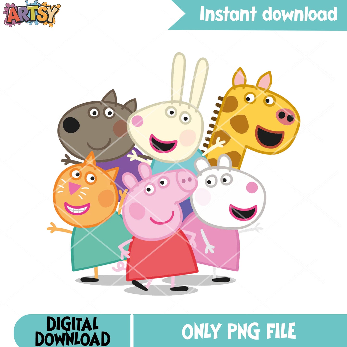 Peppa pig lineup characters png, cartoon for kids png, art peppa pig png