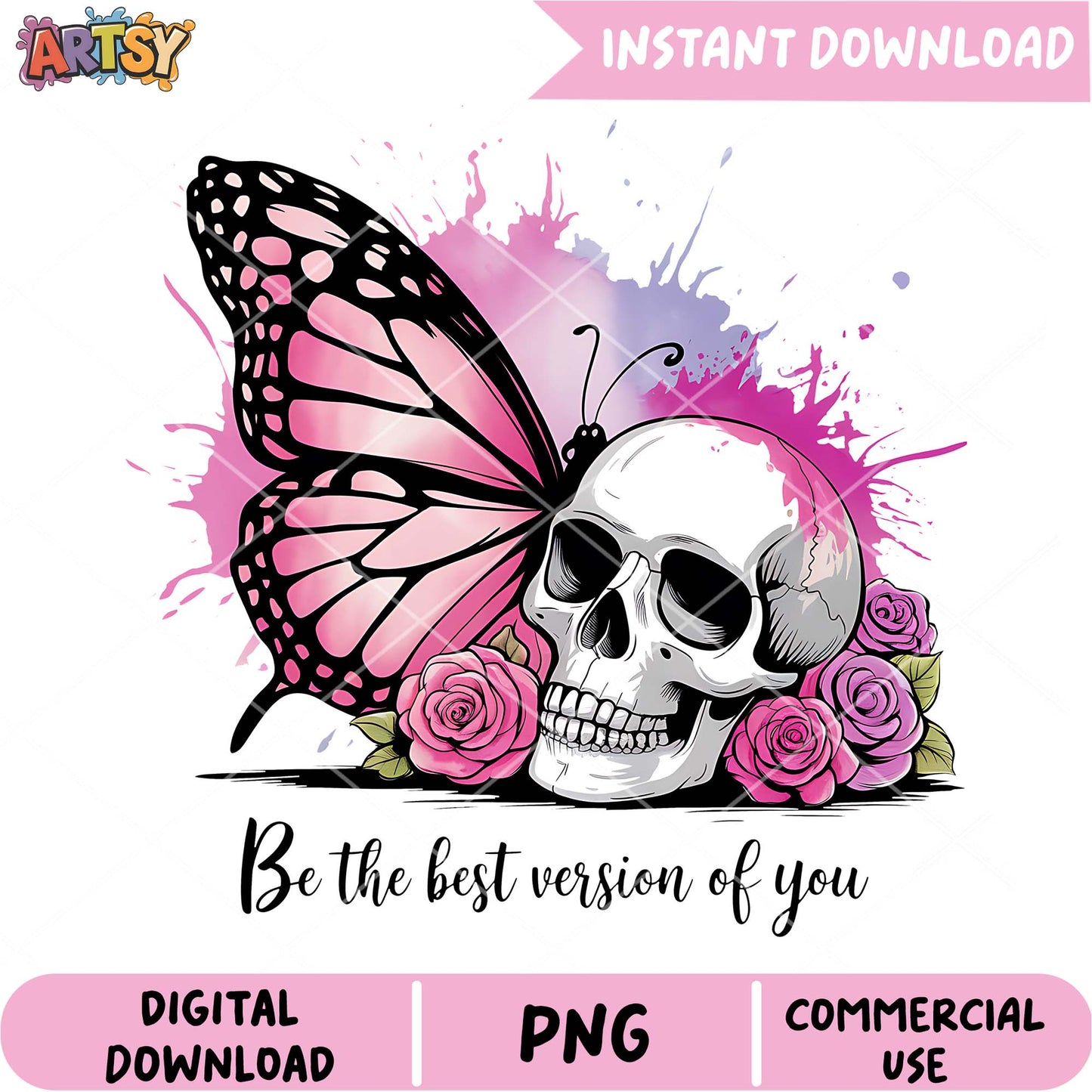 Pink Butterfly Skull Roses PNG Design