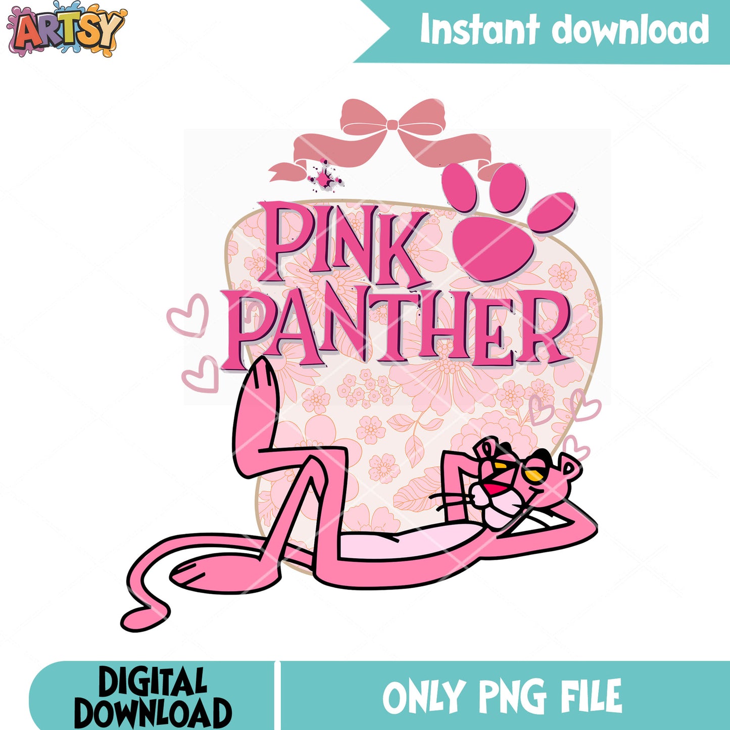 Pink Panther relaxing with heart and bow png, pink panther cartoon.png
