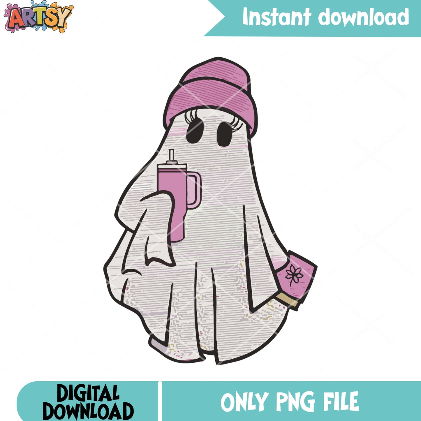 Pink Thermo cup and book png, ghost costume png, halloween scary png