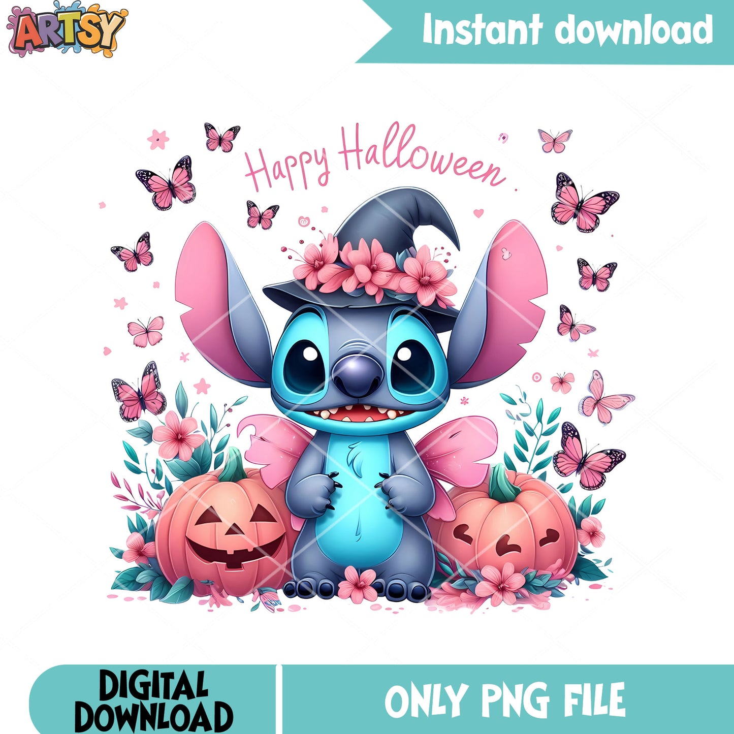 Pink butterfly png, witches hat png, happy halloween png